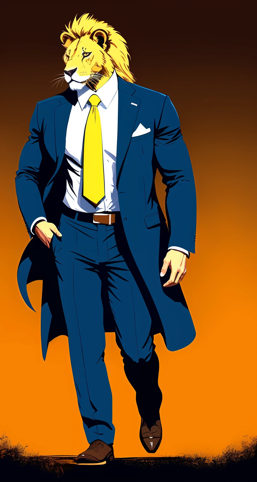 a lion in a blue suit and white shirt and yellow tie walking down the street muscled answering a call on the red cell phone with bodybuilder shape with more details and green eyes, sharp focus, illustration, concept art, art station best of 2023 on