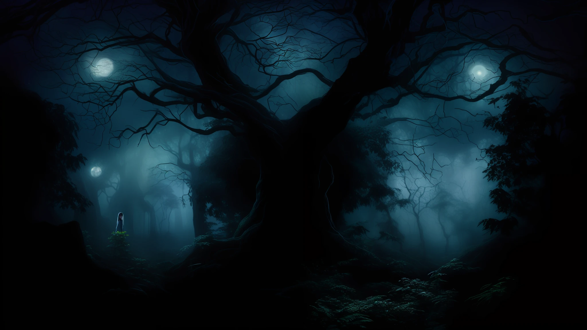 There is a dark forest with a tree and a woman in the middle, scary magical background, fundo escuro da natureza, darkness's background, fundo escuro da fantasia, arte digital de fantasia sombria, Uma floresta maligna, horror abstrato, teares escuros da floresta, numa floresta feita de pesadelos, floresta escura assustadora, Slenderman na floresta, noite escura camuflada, floresta de fantasia escura
