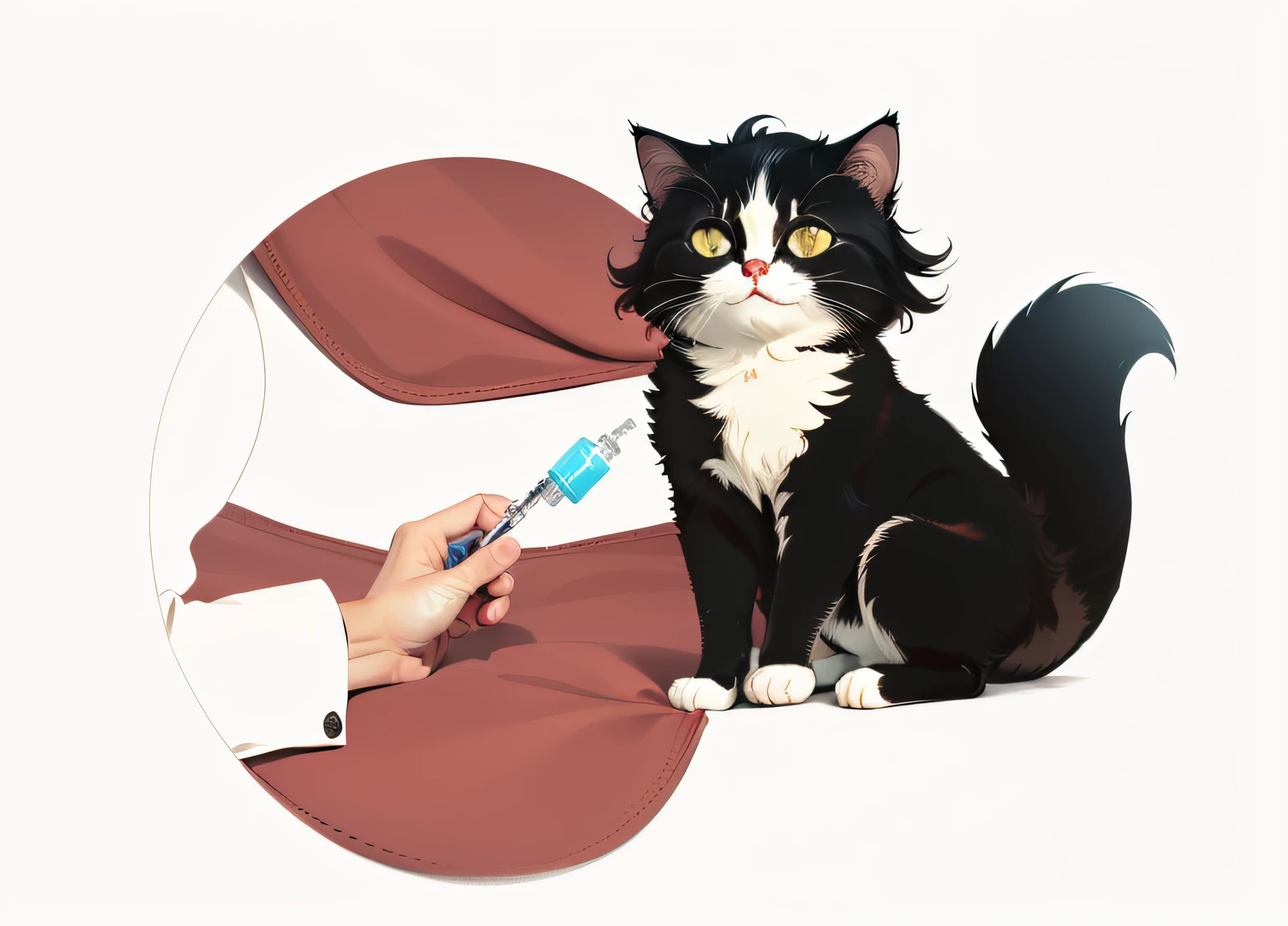 a hand holding an injection and applying the injection to the cuddly black kitten, The kitten is smiling and happy, the eyes and mouth are well defined, manga --auto