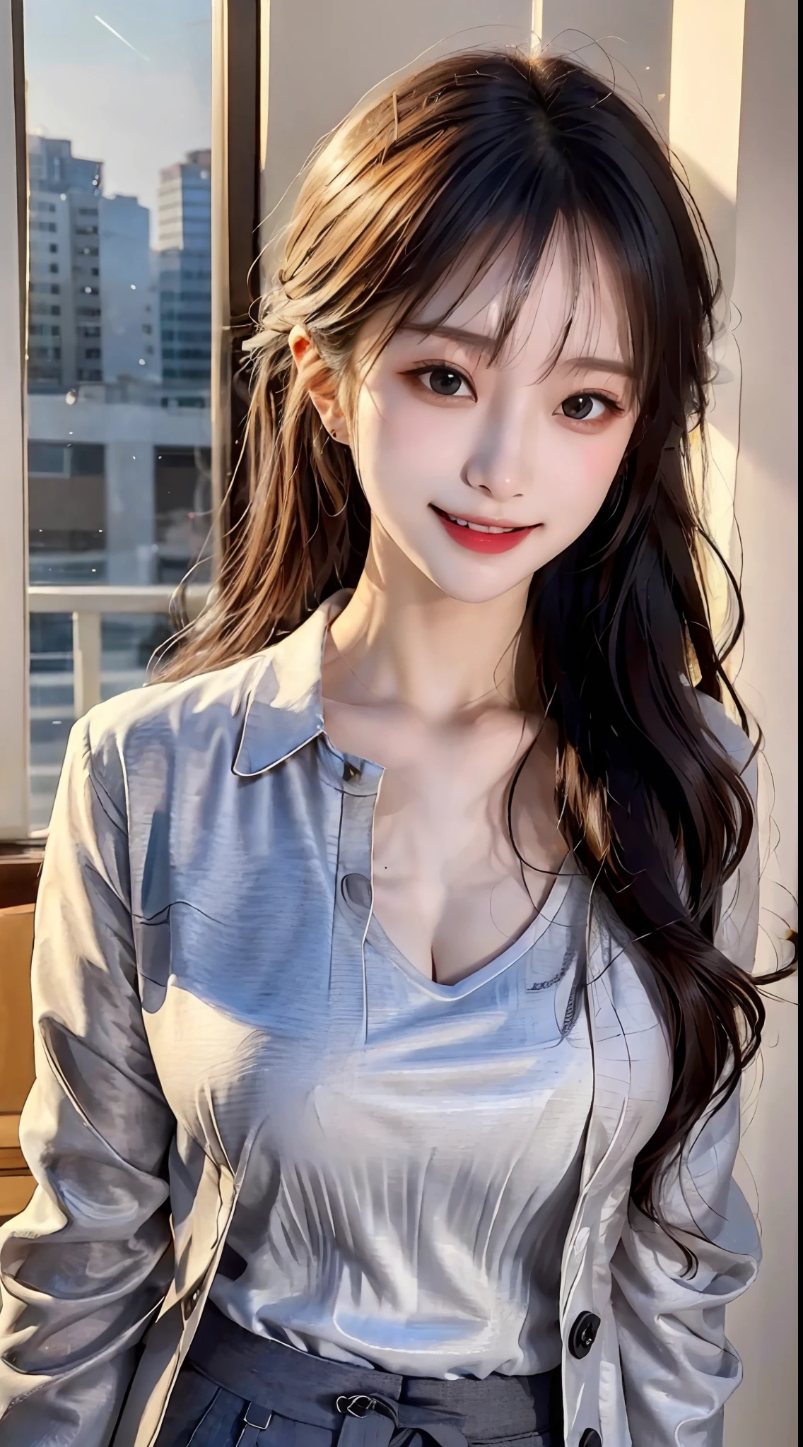 (8k, RAW photo, ultra high res, best quality, masterpiece:1.2), (realistic illustration), (extremely detailed CG unity 8k wallpaper), absurdres,
1 girl,21 yo, beautiful face,medium breasts,black medium hair,smile,tilting head,grin,upper body,slim fit pants,gray tailored jacket,office,upper body、乃木坂アイドル、女優、韓国アイドル
