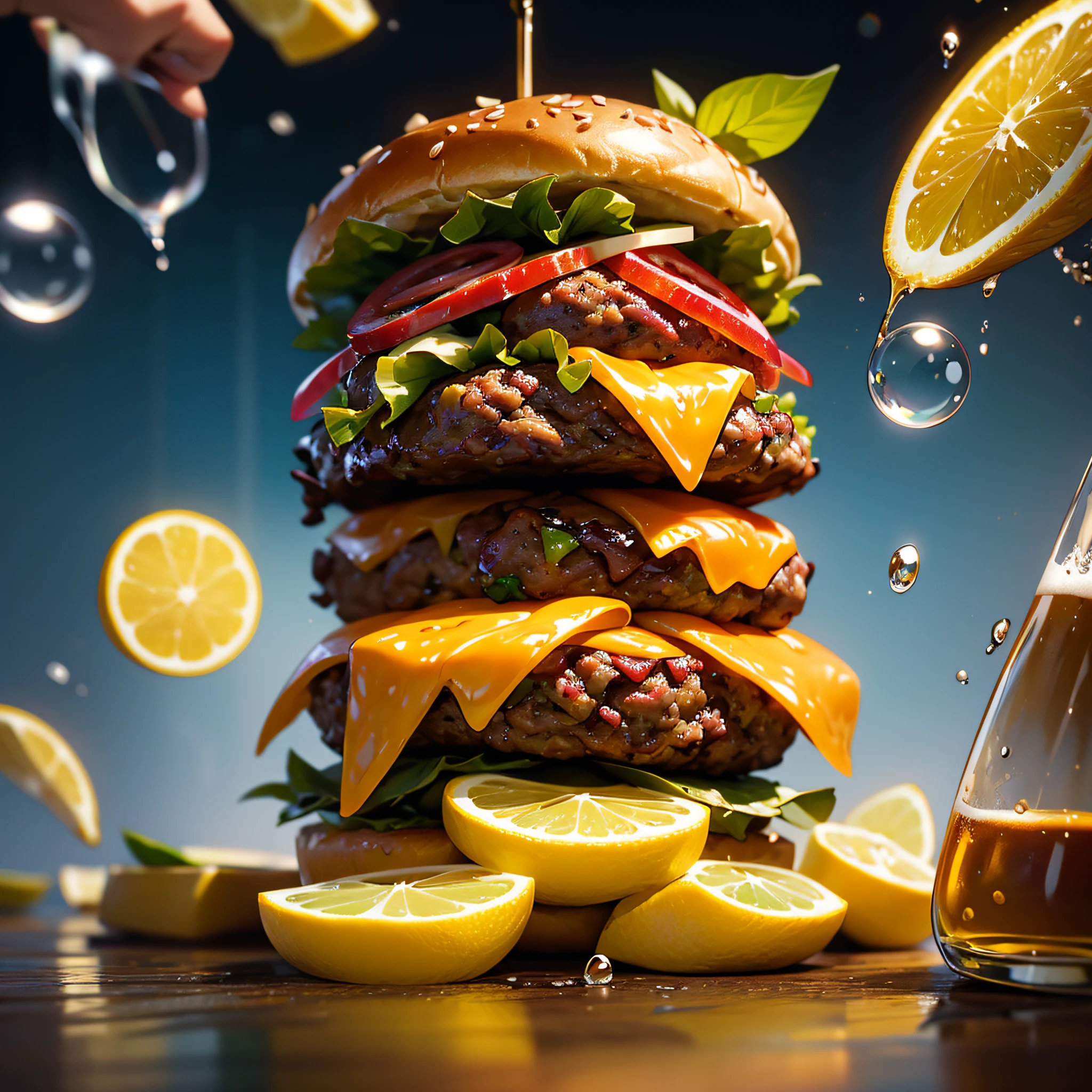 Big Hamburger talking to a Beer, lemon, reflection, bubbles, (Masterpiece, top quality, 8k), ads