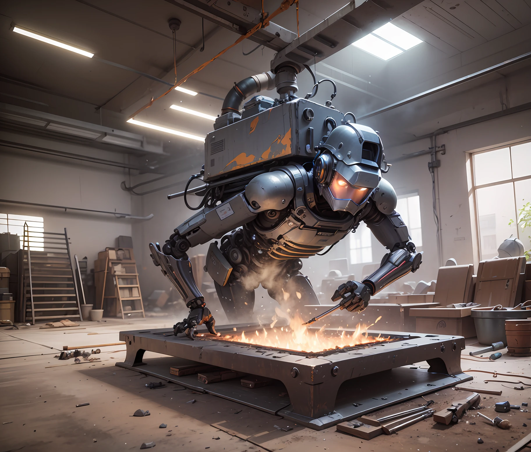 there is a robot that is standing over a fire pit, rolands zilvinskis 3d render art, pit'bipe casting, 3 d octano render conceptart, concept art Octane rendering, Beeple e Mike Winkelmann, 3 d render bipe, Greg Rutkowski. Octane render, bipe. Octane render