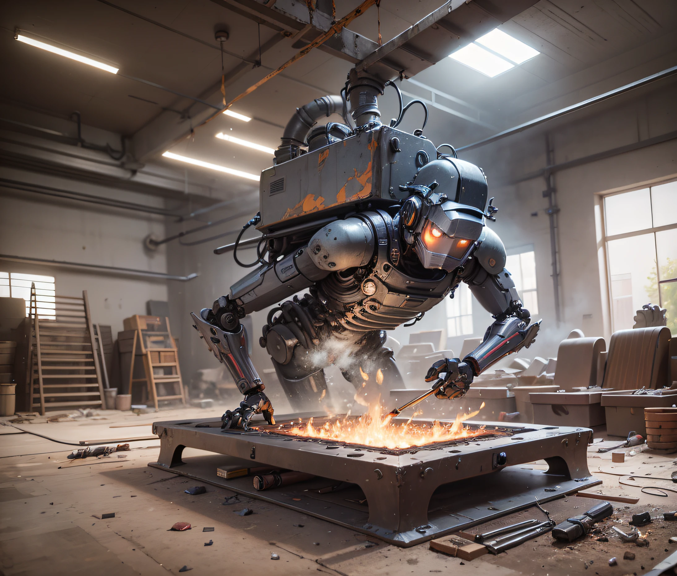 there is a robot that is standing over a fire pit, rolands zilvinskis 3d render art, pit'bipe casting, 3 d octano render conceptart, concept art Octane rendering, Beeple e Mike Winkelmann, 3 d render bipe, Greg Rutkowski. Octane render, bipe. Octane render