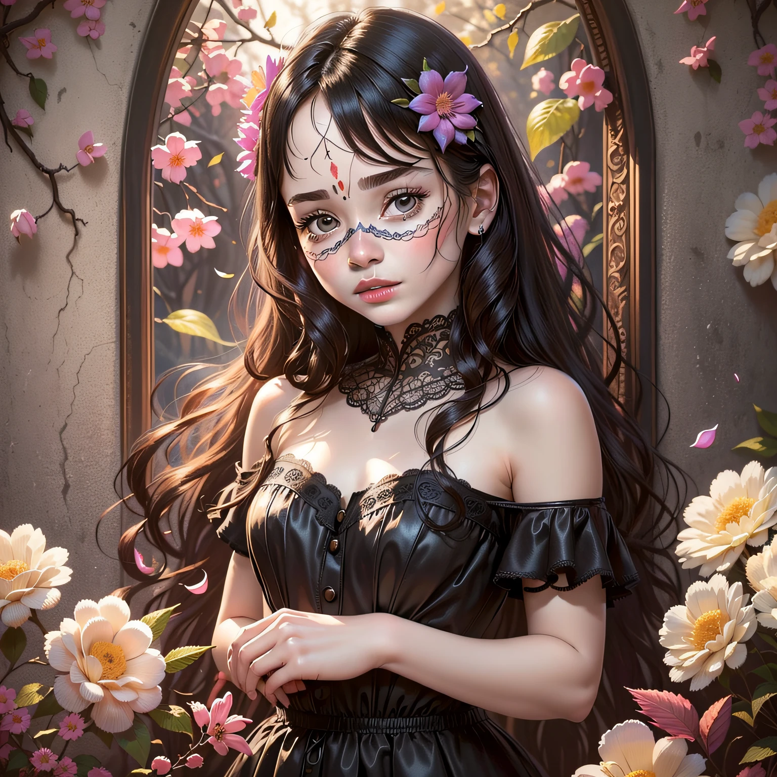 a day of the dead goddess wearing a majestic flowers black dress, big beautiful dress, intricate puffy ball gown with lots of ruffles and rhinestones (Masterpiece, Top Quality, Best Quality, Official Art, Beautiful and Aesthetic: 1.2), (1 Flower), Full Body, Extremely Detailed, (Fractal Art: 1.3), Colorful, Most Detailed