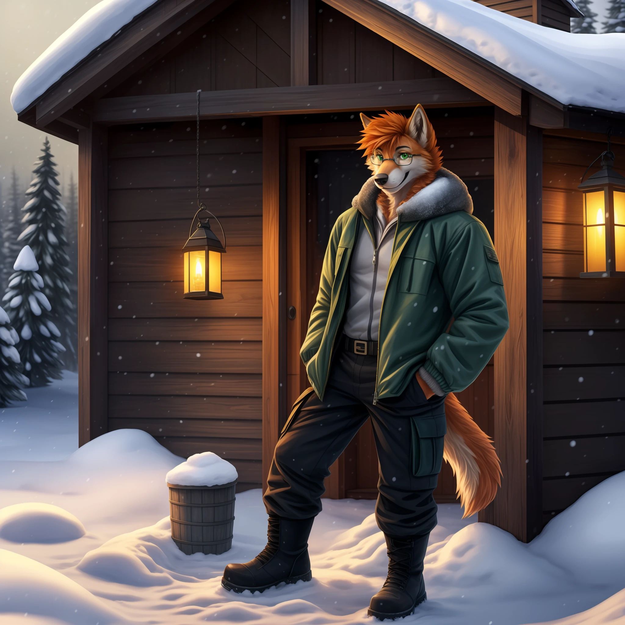 Solo, male, 1boy, wolf, orange fur, orange body, curly hair, ginger hair, orange hair, green eyes, muscular, smiling, glasses, snout, long snout, tall ears, green winter jacket, black cargo pants, black boots, fullbody shot, looking at viewer, tundra, snowstorm, holding lantern, cabin in the background