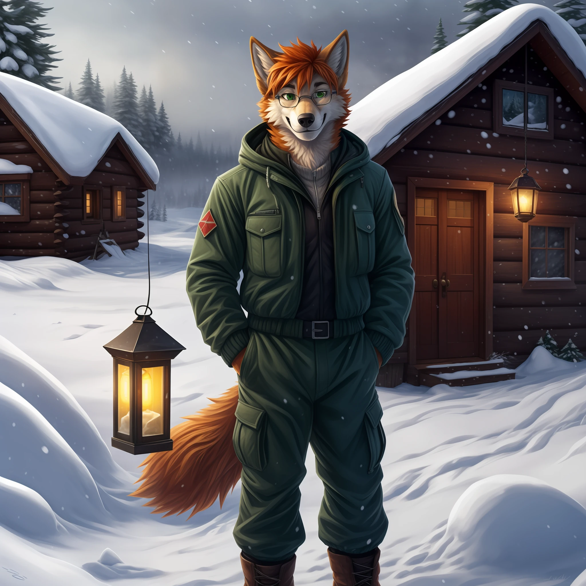 Solo, male, 1boy, wolf, orange fur, orange body, curly hair, ginger hair, orange hair, green eyes, muscular, smiling, glasses, snout, long snout, tall ears, green winter jacket, black cargo pants, black boots, fullbody shot, looking at viewer, tundra, snowstorm, holding lantern, cabin in the background