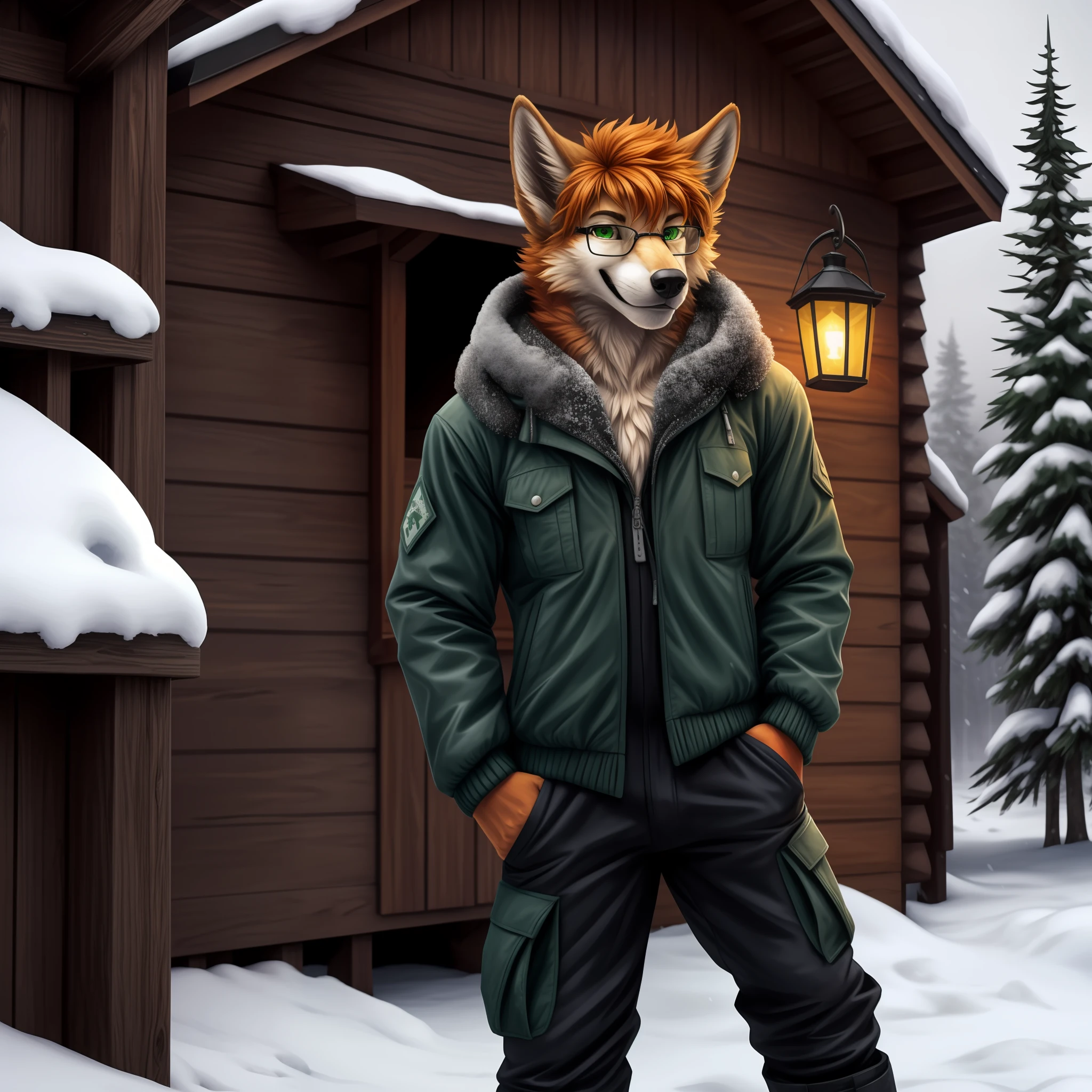 Solo, male, 1boy, wolf, orange fur, orange body, curly hair, ginger hair, orange hair, green eyes, muscular, smiling, glasses, snout, long snout, tall ears, green winter jacket, black cargo pants, black boots, fullbody shot, looking at viewer, tundra, snowstorm, holding lantern, cabin in the background