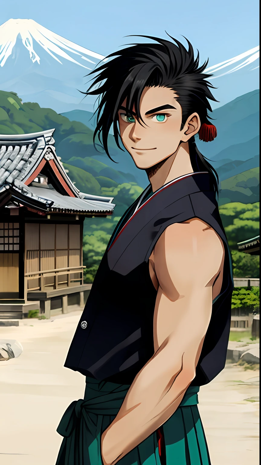 A 21-year-old man in a sleeveless red hakama in the Simon Bisley style, black mohawk hair, right side bangs, turquoise eyes, half-smile, japanese village in the background