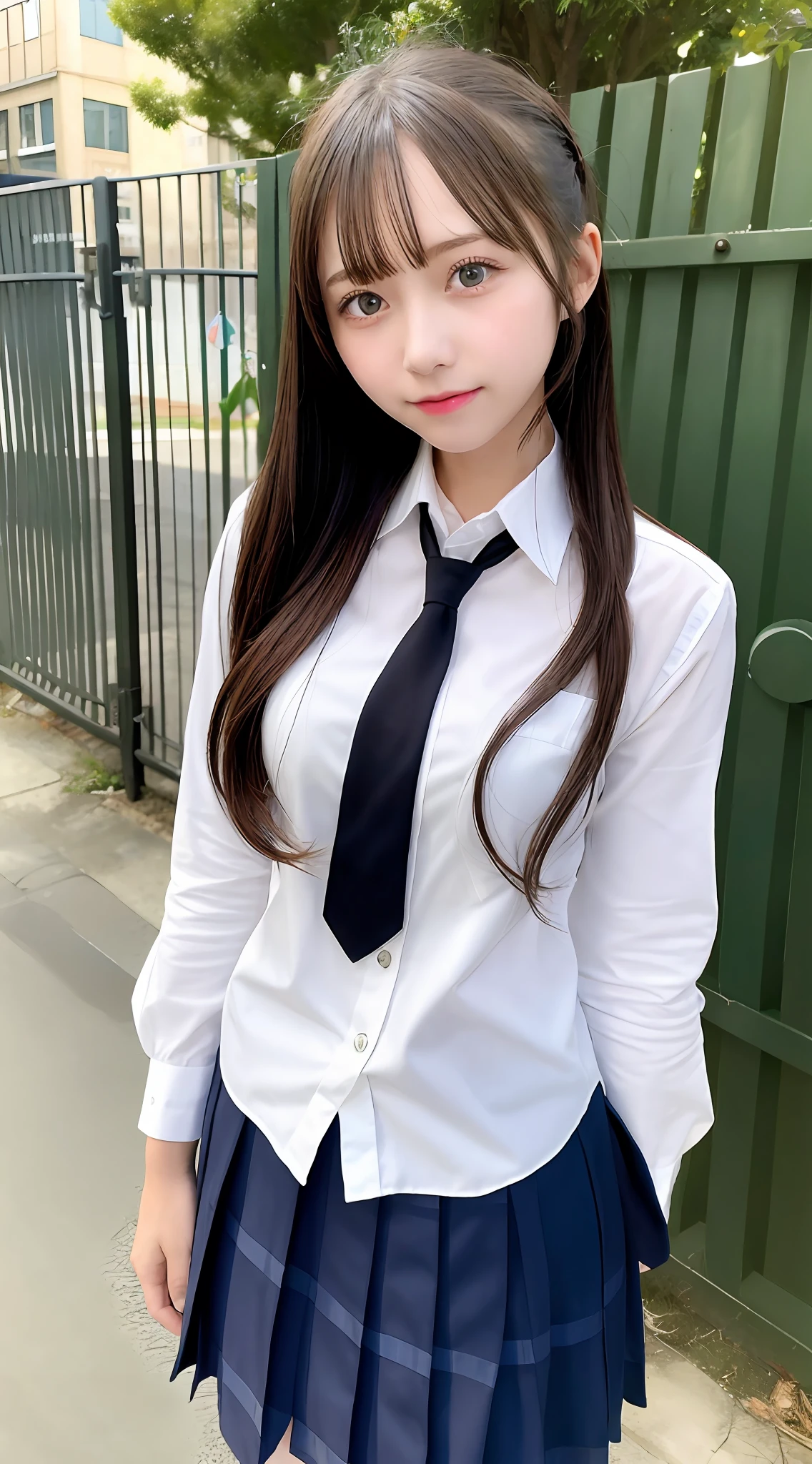 1girl, school, school uniform, gate, fence, masterpiece, best quality, highly detailed