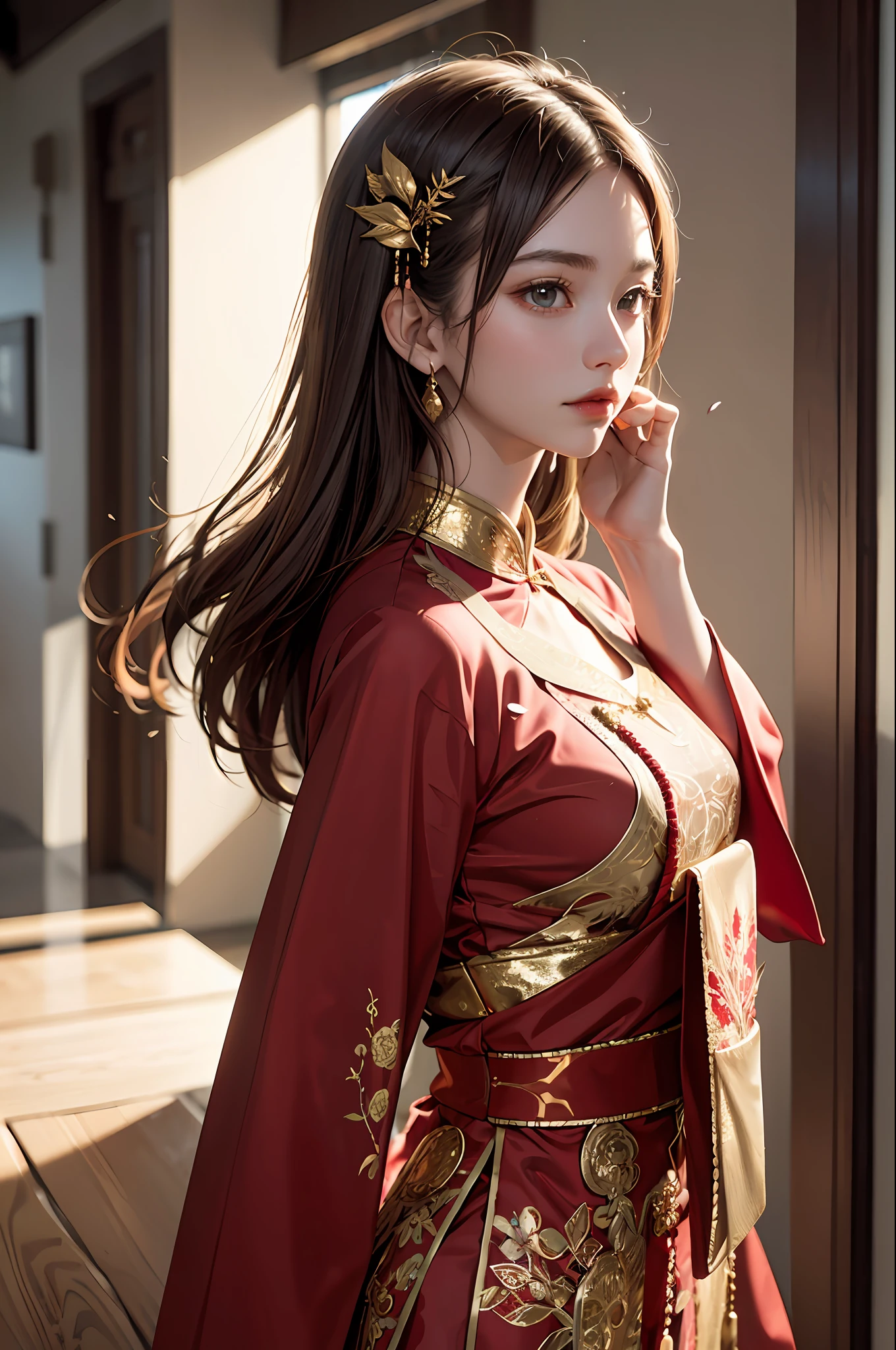 best quality, masterpiece, highres, (exquisite body:1.5),gorgeous face,(milky skin:1.3),intricate details,high resolution,wallpaper,
1girl, solo, dress, hair ornament, (((gold and red dress))), flowers, long hair, brown hair, closed mouth, jewelry, long sleeves, hand up, wide sleeves, big eyes,floating hair, chinese clothes, hanfu, embroidery, long skirt, natural pose, falling petals, indoor,fanning, lantern,
16K,HDR,highres,depth field,(film grain:1.1),boken,golden hour,(lens flare),vignette,rainbowing,(color grading:1.5)