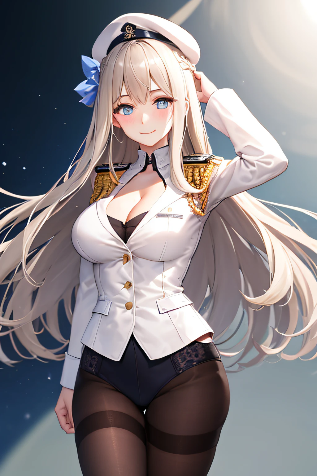 ((巨作)), (((Best quality))), ((Ultra-detailed)), ((illustration)), ((Disheveled hair)), ((frils)), (1 girl), (solo dance)，black legwear, Blonde hair, Blue eyes, Blush, breasts, collar bone, Cleavage, Closed mouth, clothing, Eyebrows visible through hair, Female, Headwear, Large breasts, legwear, Long hair, see the viewer, Smile, thighlet, white beret, White headwear, Military,White military uniform, white naval uniform,
