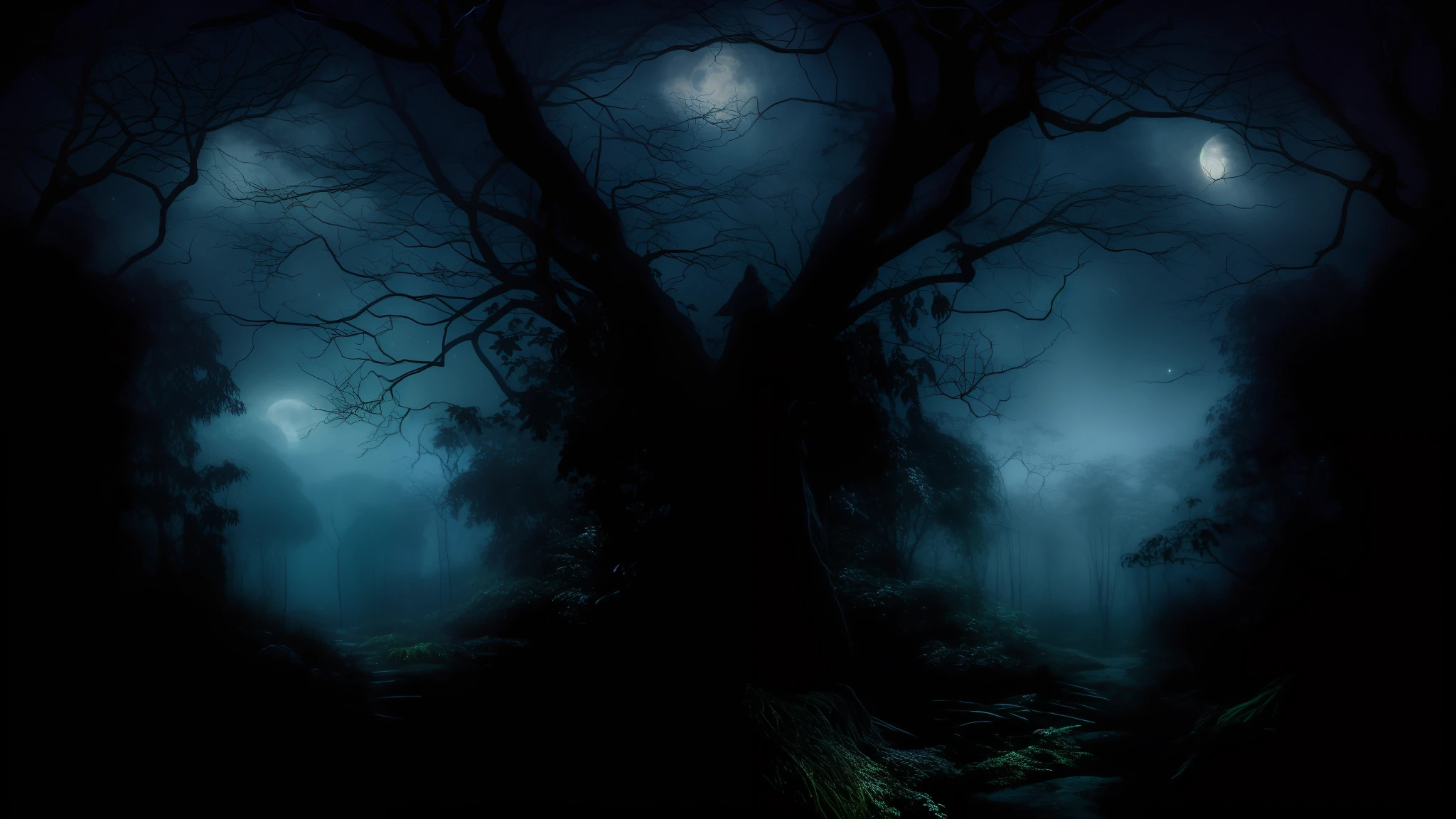 There is a dark forest with a tree and a woman in the middle, scary magical background, fundo escuro da natureza, darkness's background, fundo escuro da fantasia, arte digital de fantasia sombria, Uma floresta maligna, horror abstrato, teares escuros da floresta, numa floresta feita de pesadelos, floresta escura assustadora, Slenderman na floresta, noite escura camuflada, floresta de fantasia escura