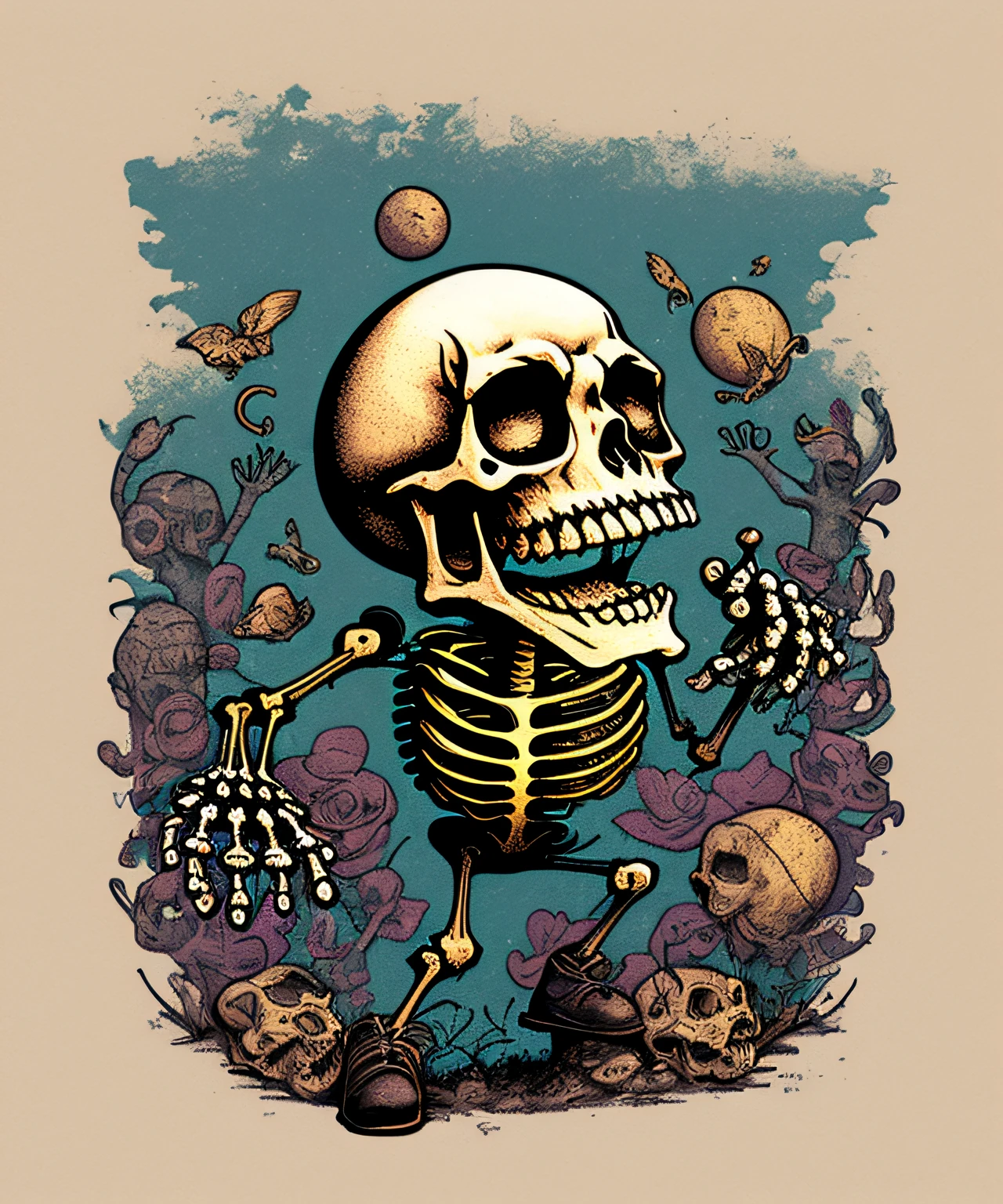 (image of a) funny skeleton,(enjoying the) rock'n roll