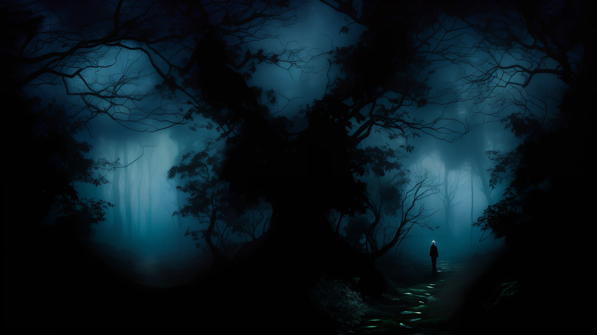 There is a dark forest with a tree and a woman in the middle, scary magical background, fundo escuro da natureza, darkness's background, fundo escuro da fantasia, arte digital de fantasia sombria, Uma floresta maligna, horror abstrato, teares escuros da floresta, numa floresta feita de pesadelos, floresta escura assustadora, Slenderman na floresta, noite escura camuflada, floresta de fantasia escura