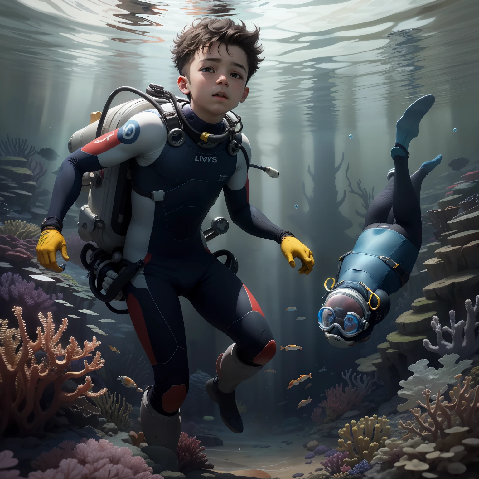 a , at the bottom of the sea in a diving suit