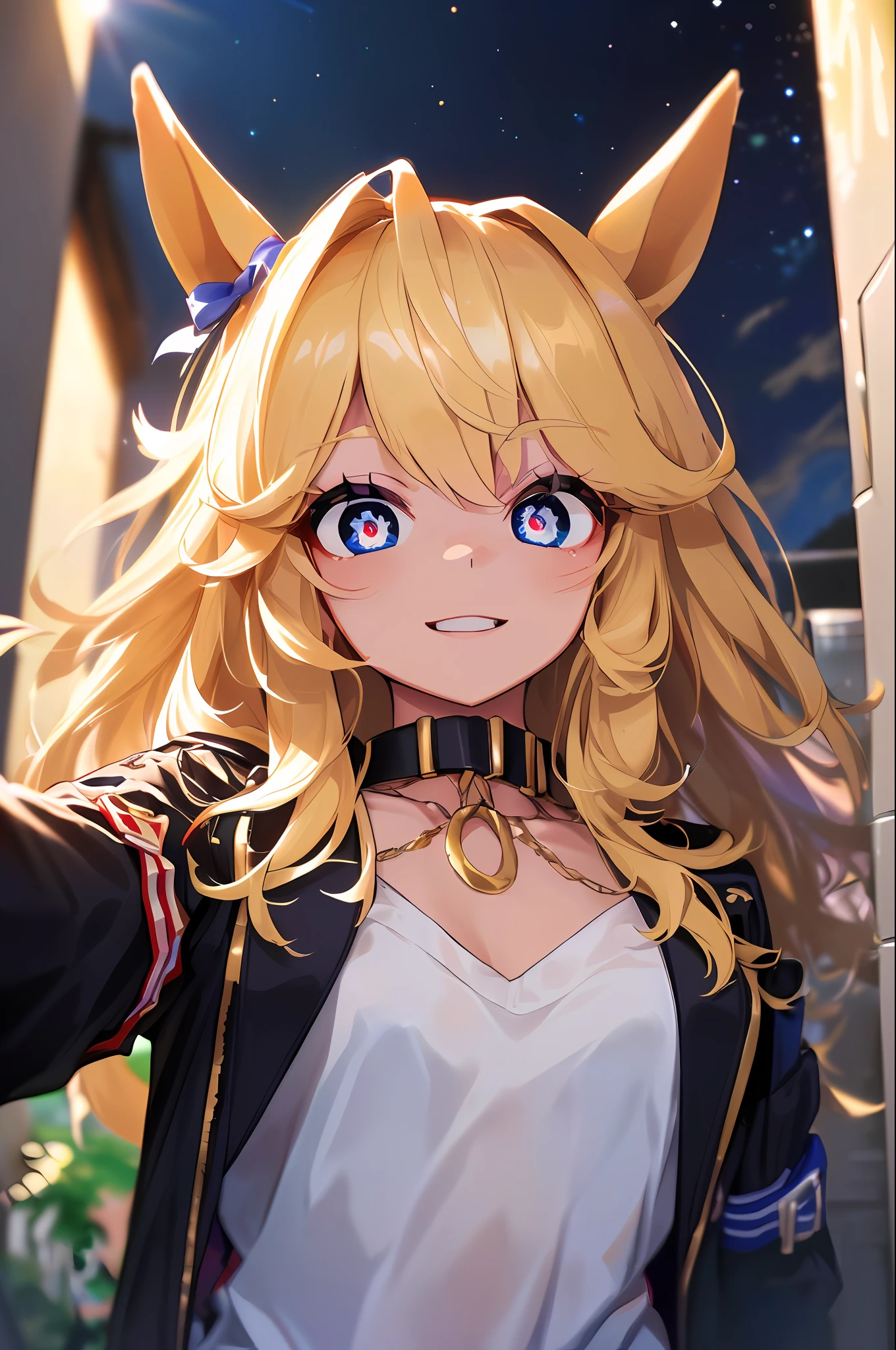 ((A masterpice))、(illutst)、(((of the best quality))、iridescent、
((a beautiful detailed girl))、midchest、Upper_Body、
(Delicate and Pretty Face)、lovestruck、(Iridescent eyes)、
((floating_hair))、iridescent、
Parted lips、Black choker、Gold Chain、single glove、white glove、long sleeves、Bando、cleavage of the breast、Strapless、Tube Top、Belly Navel、Midriff、Open jacket、Open clothes、Black Jacket、Black belt、Denim Shorts、cut-off、mismatched footwear、
、Beautiful Landscape、Horse ears
Gold City\(Umamusume\)、Modeling shots、dinamic pose:1.3、(beautiful and magnificent skyline、Majestic sky)、(extremely tense and dramatic pictures、Moving visual effects)、(high hanging Polaris、Colorful natural light)、(1girls)、((A masterpice、of the best quality、A masterpice))、((ultra -detailed))、((high-resolution illustrations))、((an extremely delicate and beautiful)) ((1girls))、(((A masterpice)),(of the best quality), 1girls,独奏, extremly detailed, detailed faces,Detailed eye,illutst,2 k,(Whole human body:1.2), 、are standing、(sinister smirk)、 ((hallway))、When you look at the viewer、Portrait centered、(close-ups:1.4)、(from below view:1.4)、(wide-angle lens:1.2)、(Fisheye effect:1.1)、Head turned sideways、evil、 looking at viewerer、(Head down)、(Night)、 Bijo、fearful、(Constricted pupils:1.5)、(Crazy smile:1.2)、Glass Eye、Glass pupil、Heart-shaped pupil:1.4、cover of magazine:1.4,Kamimei、Slouching