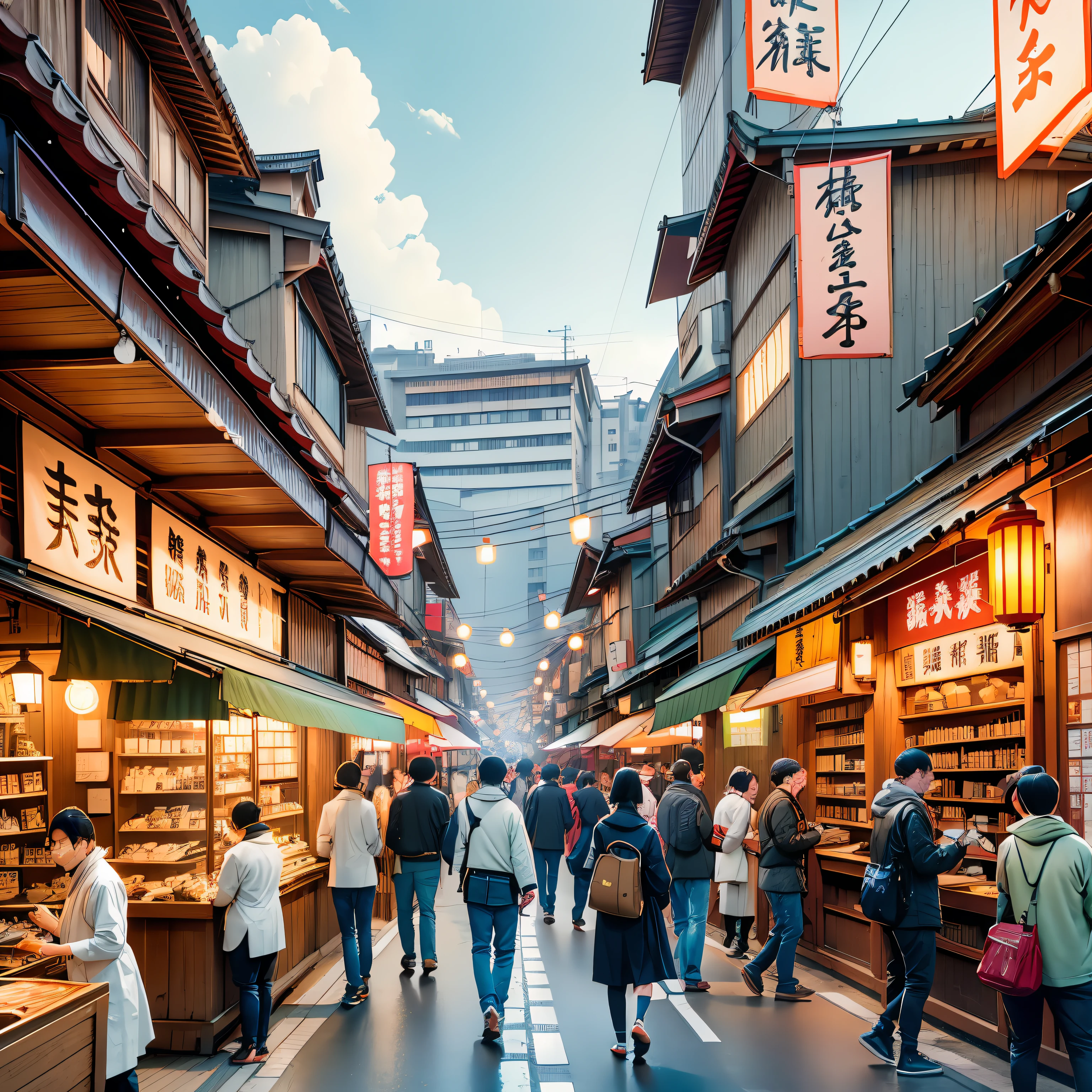 people walking down a street lined with shops and stores, old japanese street market, market in japan, japanese downtown, japanese street, japanese city, japan travel and tourism, japanese town, shutterstock, tokyo street cityscape, kyoto, cyberpunk streets in japan, tokyo street, japan, japan deeper travel exploration, japan sightseeing, tokyo street background, kyoto japan setting
