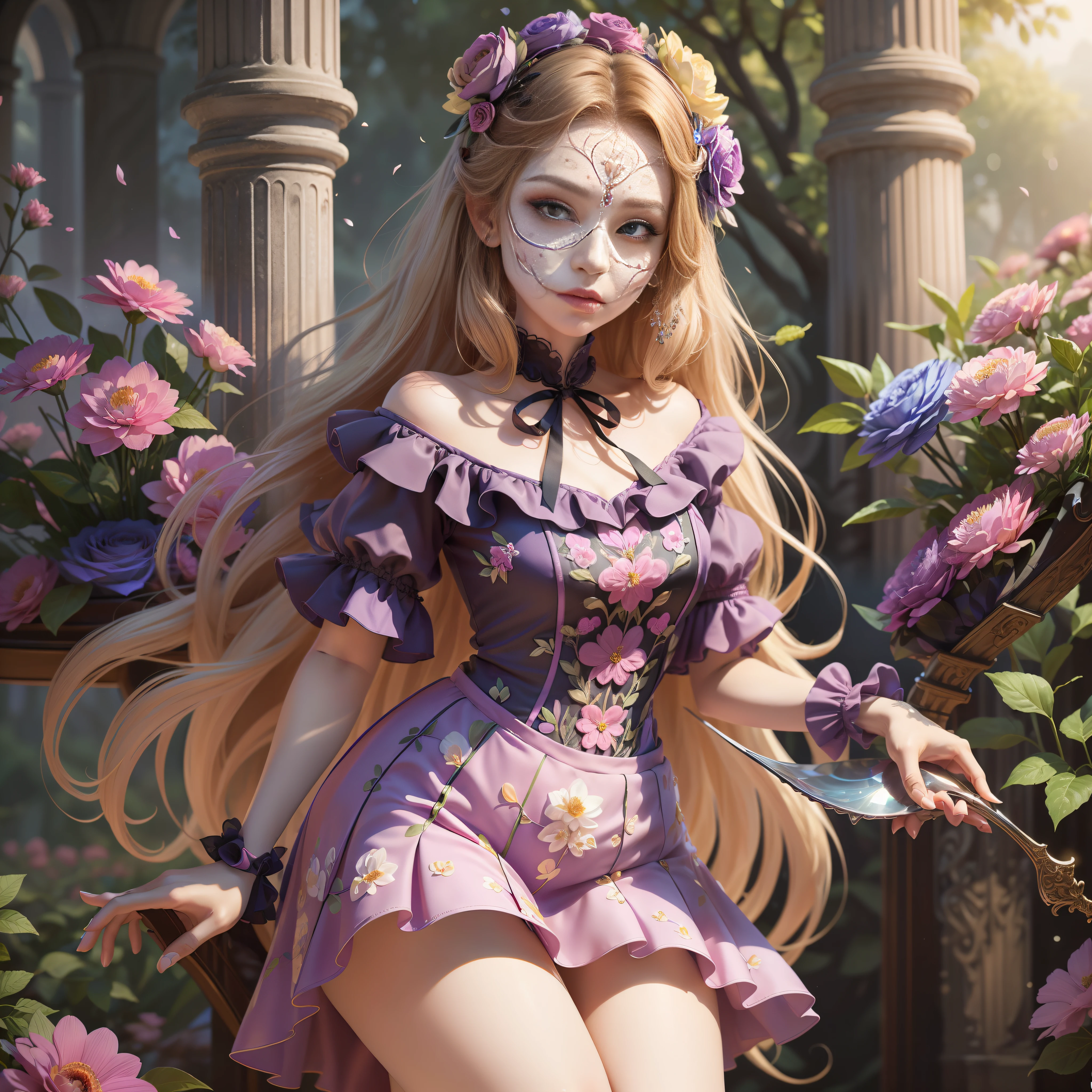 a day of the dead goddess wearing a majestic flowers black dress, big beautiful dress, intricate puffy ball gown with lots of ruffles and rhinestones (Masterpiece, Top Quality, Best Quality, Official Art, Beautiful and Aesthetic: 1.2), (1 Flower), Full Body, Extremely Detailed, (Fractal Art: 1.3), Colorful, Most Detailed