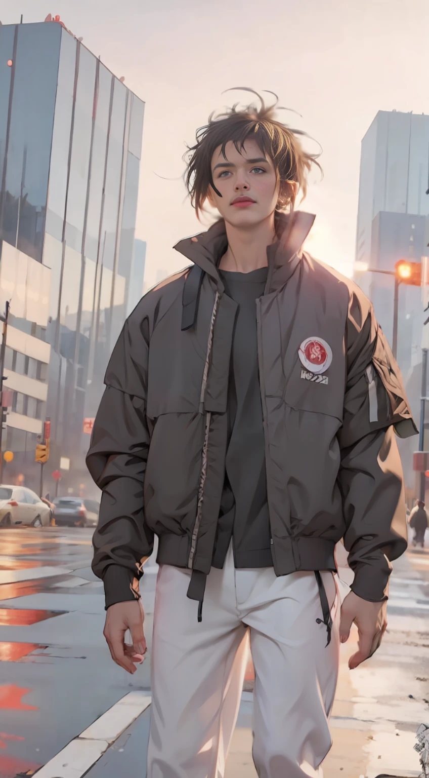 arafed man in black jacket and white pants standing on street corner, cargo pants. cyberpunk city, standing tall, thin body, in a city street, Shifted Bangs Japanese Haircut, wearing urban techwear, realistic depiction, standing in a city center, an ultra realistic, promo image, techwear look and clothes, in city street, hyper-realistic, hyper - realistic, wojtek fus, hyper realistic style
