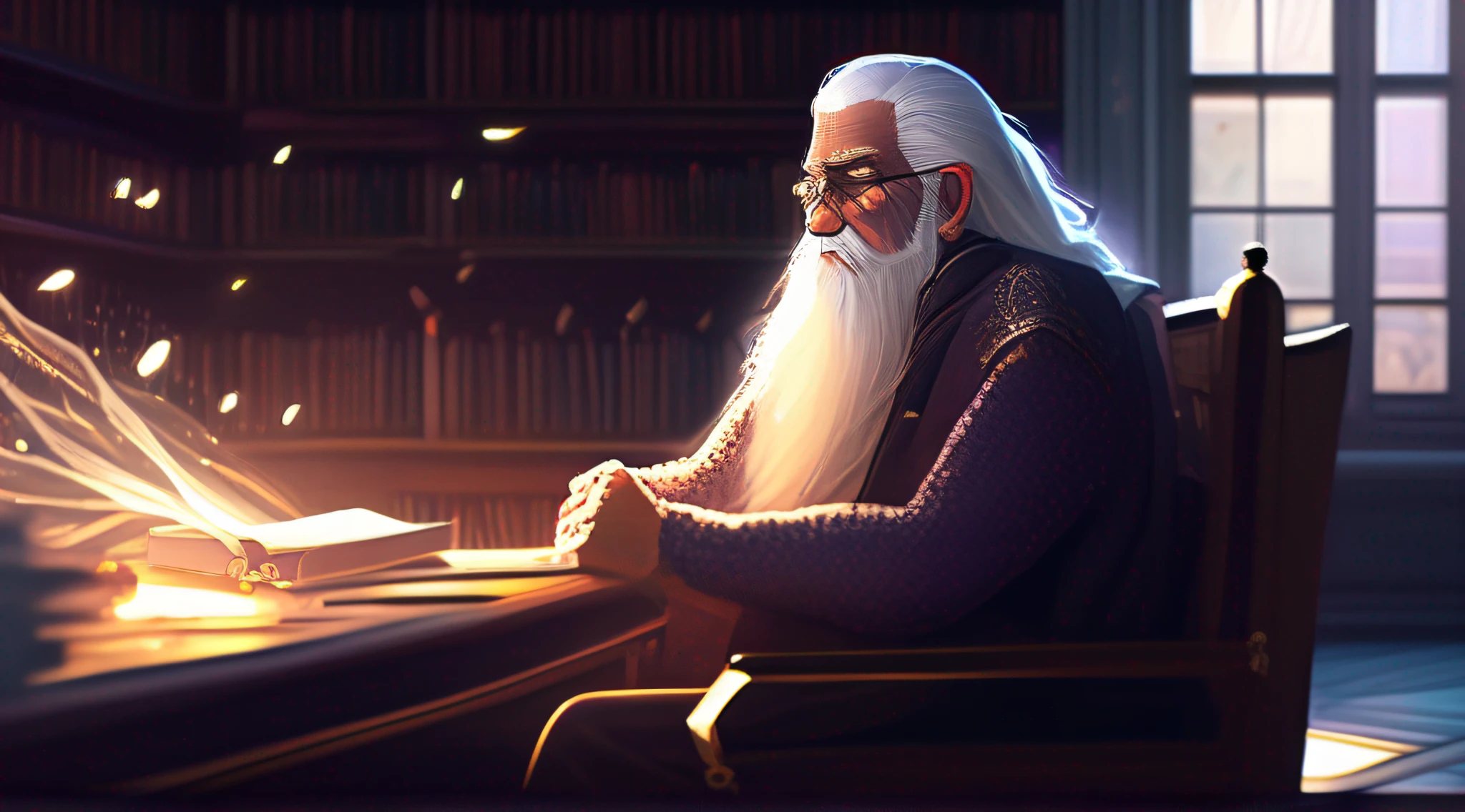 Elder man seated on a chair, old and wrinkled, long white hair and beard, library, large window in background, fantasy, wonder, amazing, bright office or study, backlighting, bloom, light sparkles, sharp focus, 8k