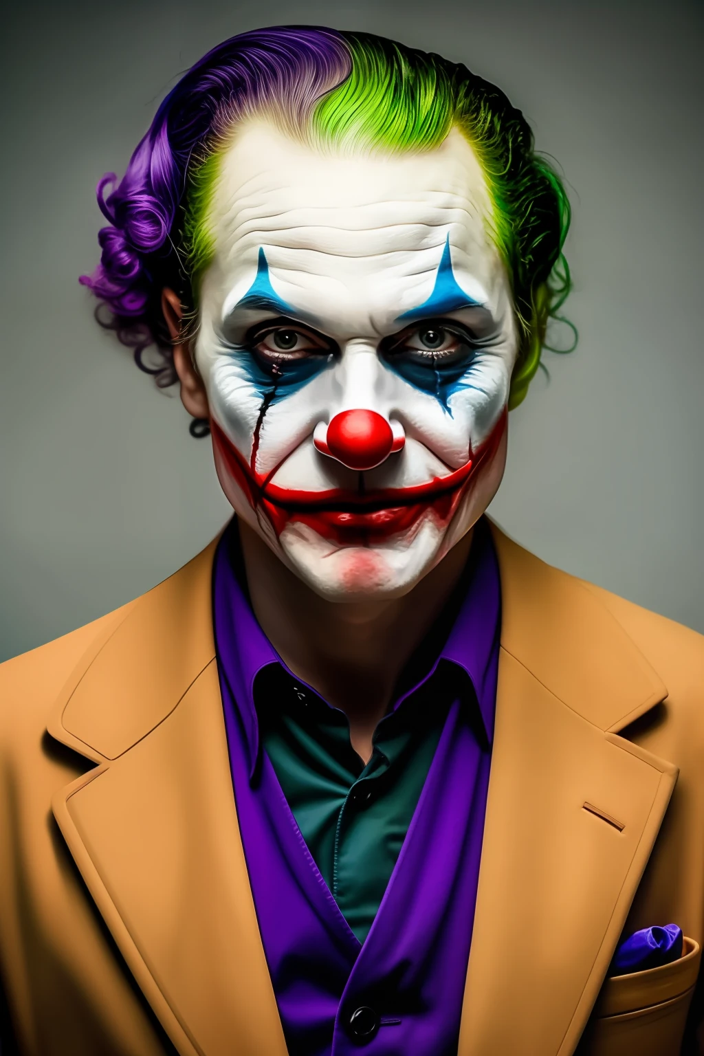 a clown who has features of the Joker with unique makeup, purple hair, a scar on his face, a wider smile, looks scarier and has a red nose, he looks exactly like Lee Miller, which had fallen as a hell in a dark