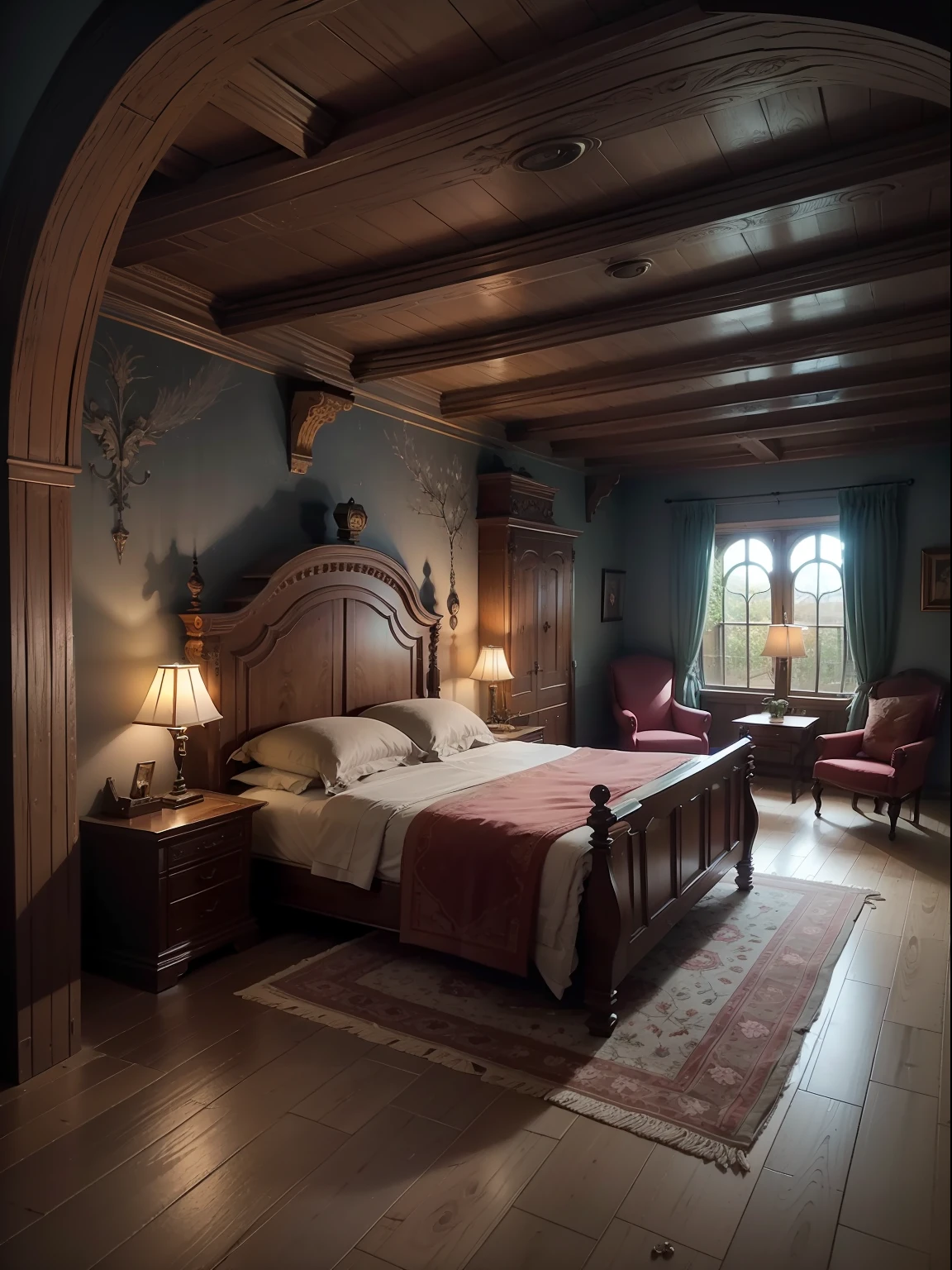 Medieval setting, wood room, multiple beds