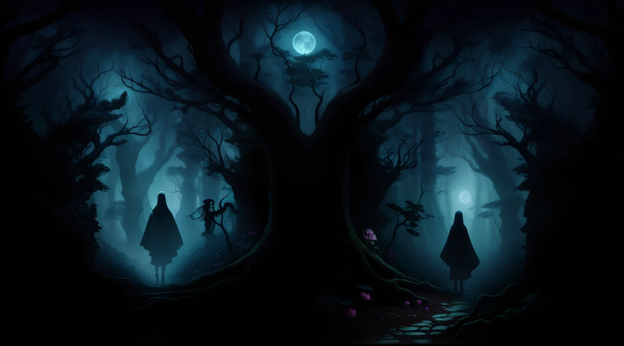 There is a dark forest with a tree and a woman in the middle, scary magical background, fundo escuro da natureza, darkness's background, fundo escuro da fantasia, arte digital de fantasia sombria, Uma floresta maligna, horror abstrato, teares escuros da floresta, numa floresta feita de pesadelos, floresta escura assustadora, Slenderman na floresta, noite escura camuflada, floresta de fantasia escura