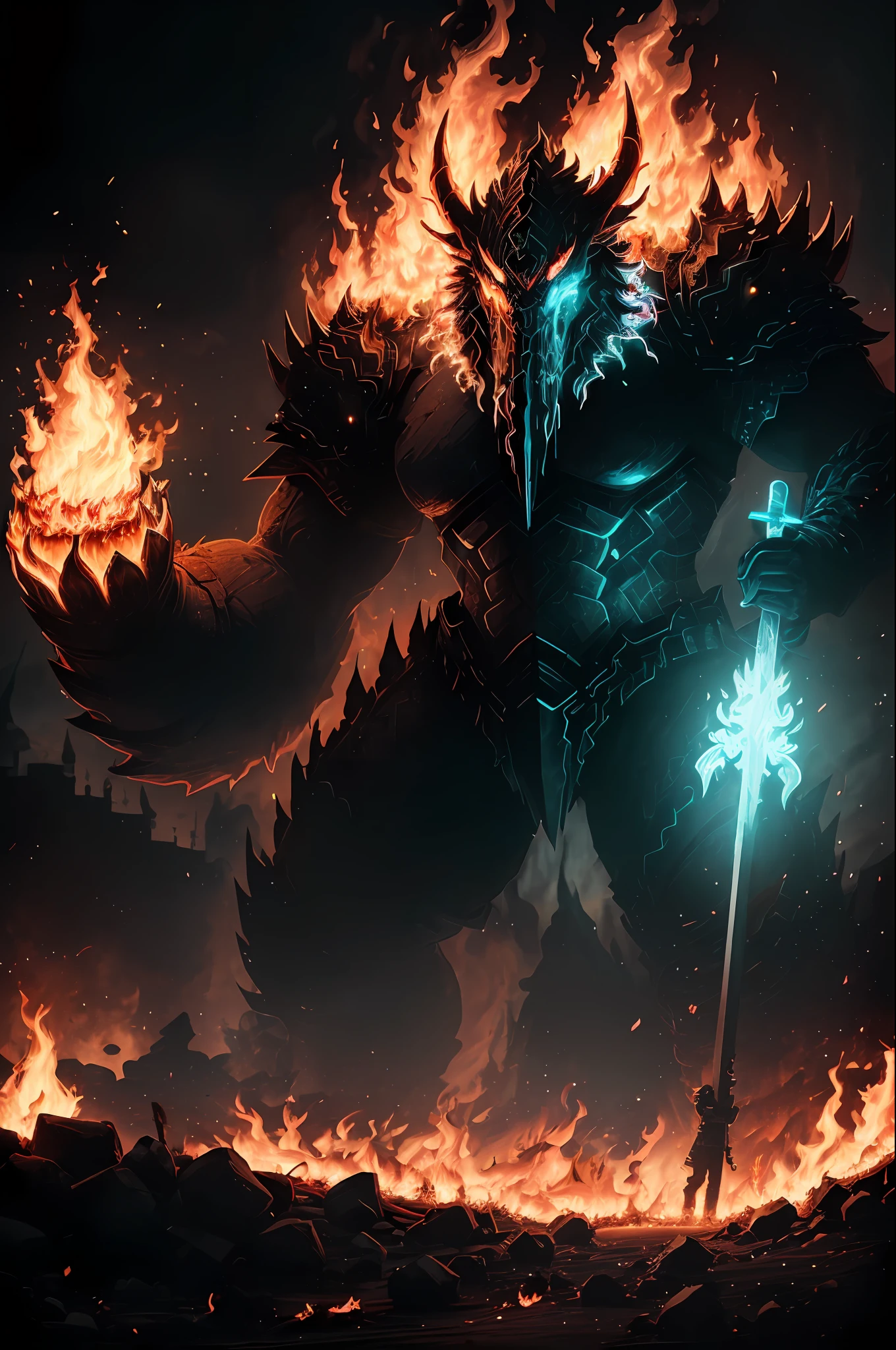 multiple images, embroidery, two people ((((neon ice and glowing fire)))), sfx, raw, rtx, vfx, hdr, uhd, 32k (8k, photo in RAW format, Best qualities, 巨作: 1.2), (realisti, photo-realistic:1.37), Octane rendering, ultra-high-definition, Ultra-detailed, Professional lighting, Photonic mapping, Radio accuracy, physical rendering, ue5, ((Earth's Giant Monster)), ((red glowing charcoal on the giant's body)), ((red eyes)), ((Holding a flaming sword)), ((Burning Castle)), ((flaming wings))