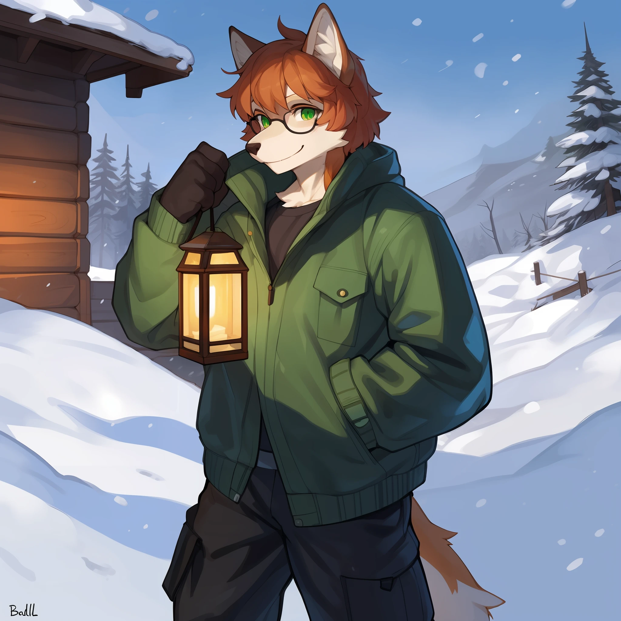 Solo, male, 1boy, wolf, orange fur, orange body, curly hair, ginger hair, orange hair, green eyes, muscular, smiling, glasses, snout, long snout, tall ears, green winter jacket, black cargo pants, black boots, fullbody shot, looking at viewer, tundra, snowstorm, holding lantern, cabin in the background, by buta99, by bebebebebe, by cervina7, by sindoll, by spuydjeks, by spikedmauler, by chelodoy