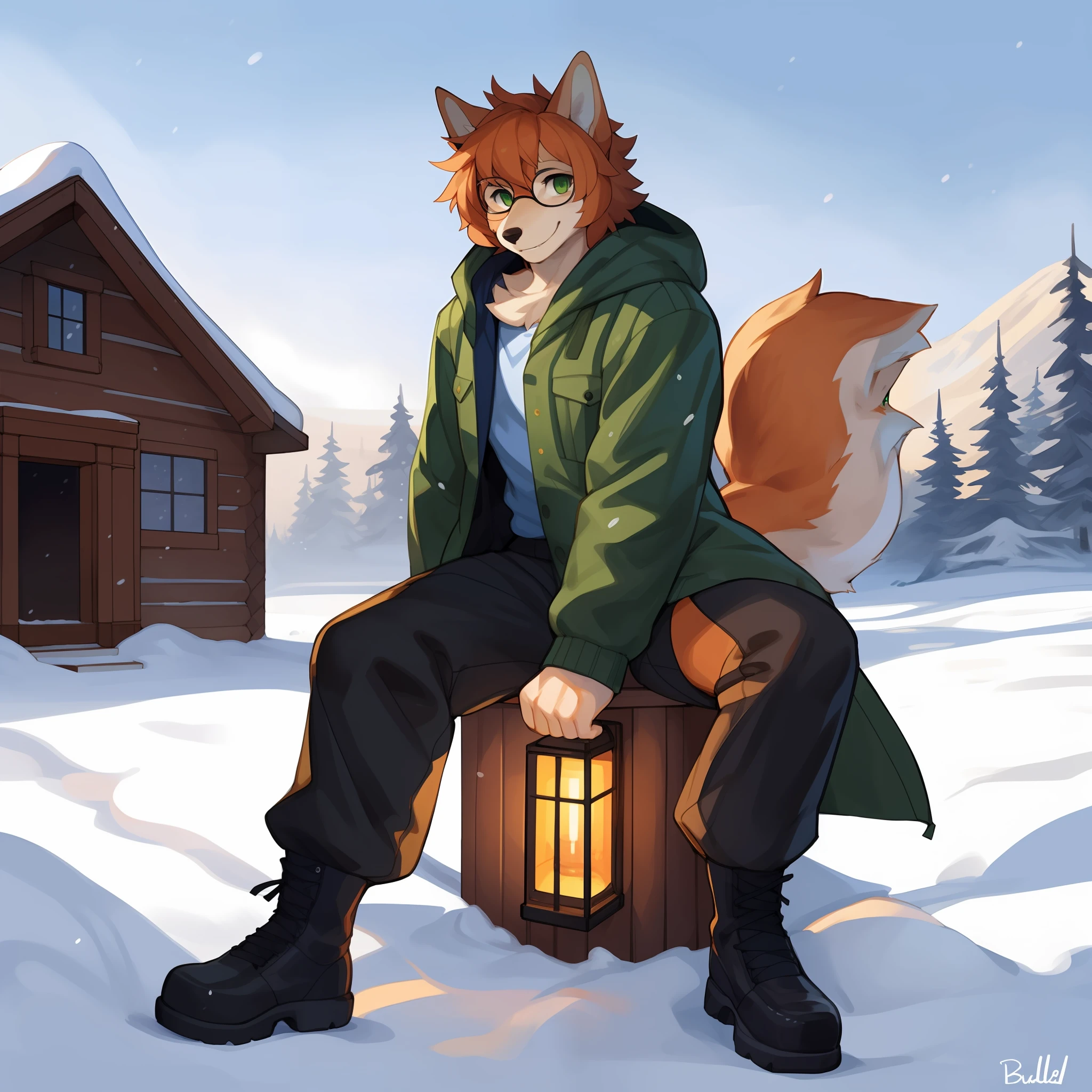 Solo, male, 1boy, wolf, orange fur, orange body, curly hair, ginger hair, orange hair, green eyes, muscular, smiling, glasses, snout, long snout, tall ears, green winter jacket, black cargo pants, black boots, fullbody shot, looking at viewer, tundra, snowstorm, holding lantern, cabin in the background, by buta99, by bebebebebe, by cervina7, by sindoll, by spuydjeks, by spikedmauler, by chelodoy