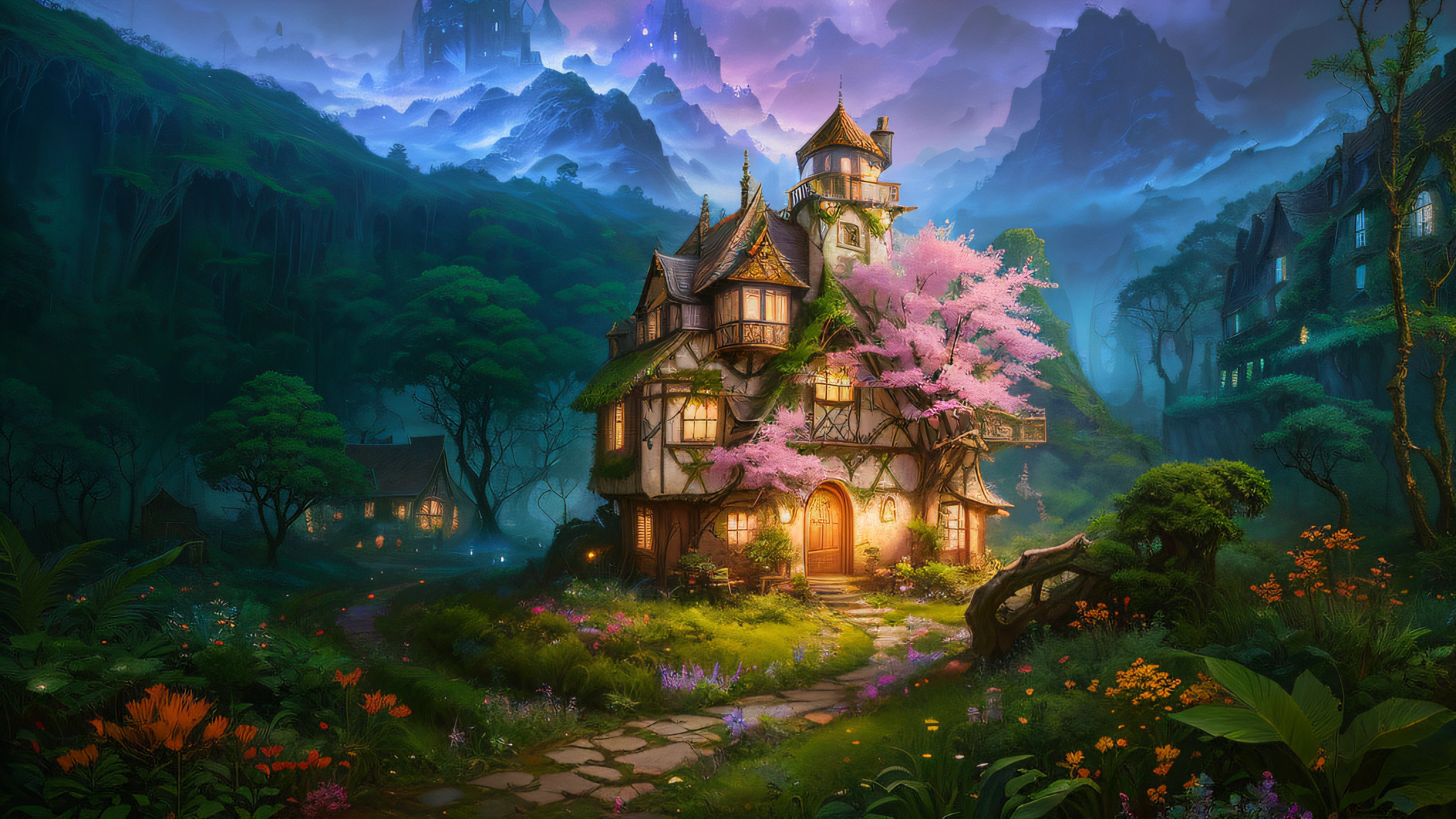 arafed house in the middle of a lush green forest, magical village, fantasy matte painting,cute, beautiful render of a fairytale, whimsical fantasy landscape art, 4k highly detailed digital art, fantasy house, beautiful art uhd 4 k, 4k detailed digital art, colorfull digital fantasy art, magical colors and atmosphere, detailed fantasy digital art, background --auto