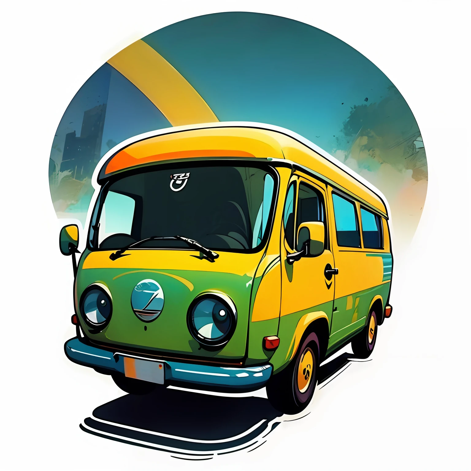 sticker style, white background, kombi, brazil flag, green and yellow, vintage, high quality, 8k, 3:2 --auto