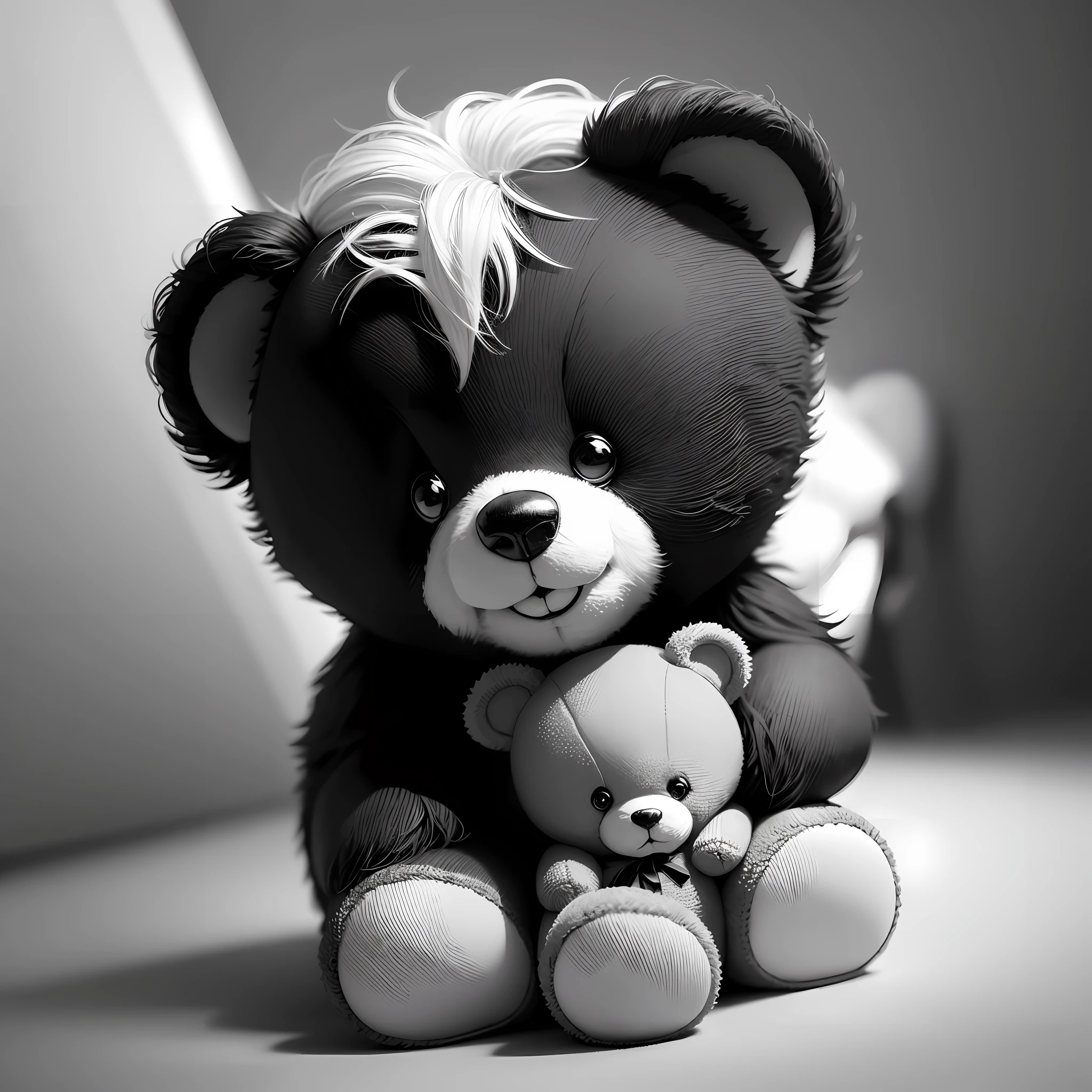 A teddy bear in a hospital cute top quality black and white color with eyes with white background of happy colors