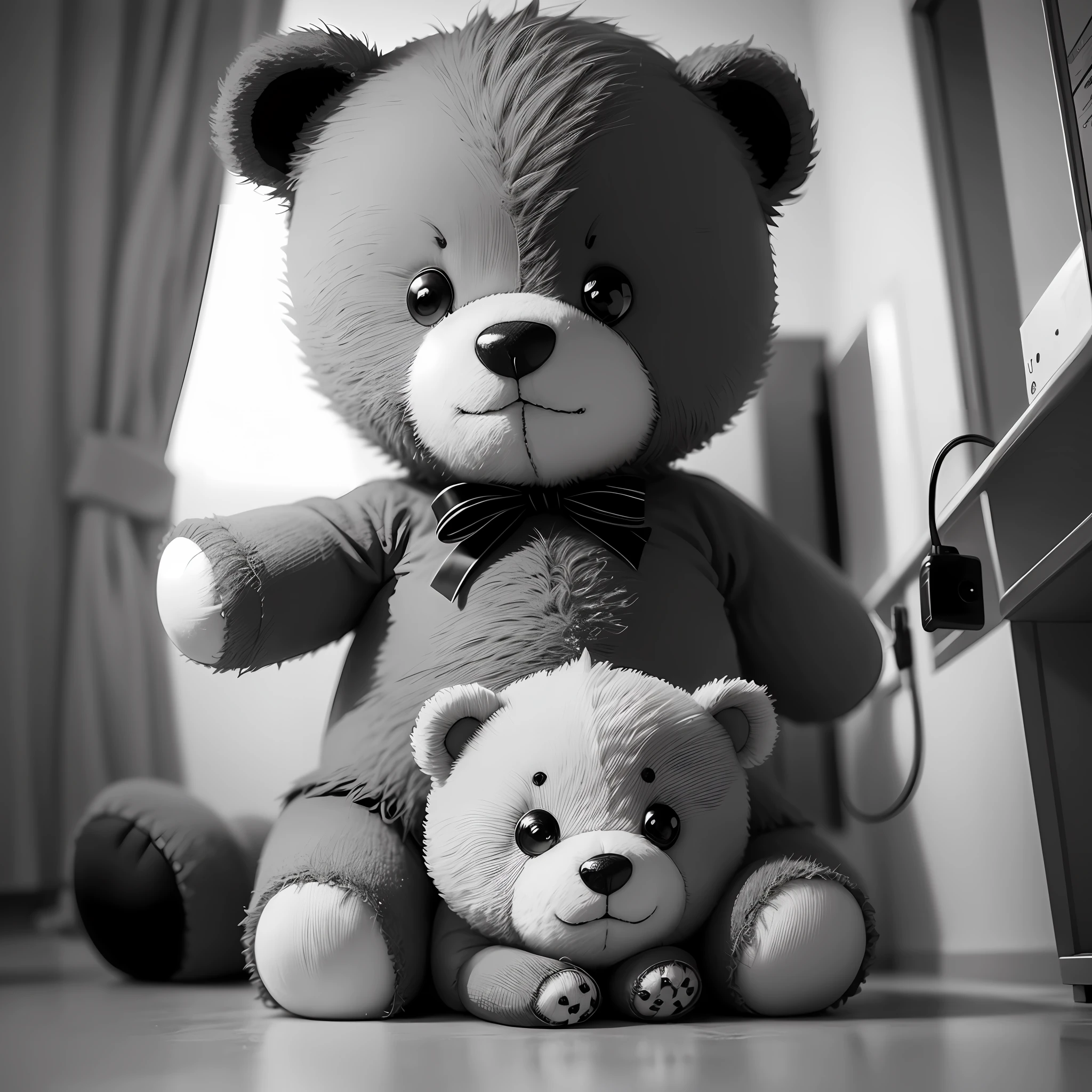 A teddy bear in a hospital cute top quality black and white color with eyes with white background of happy colors