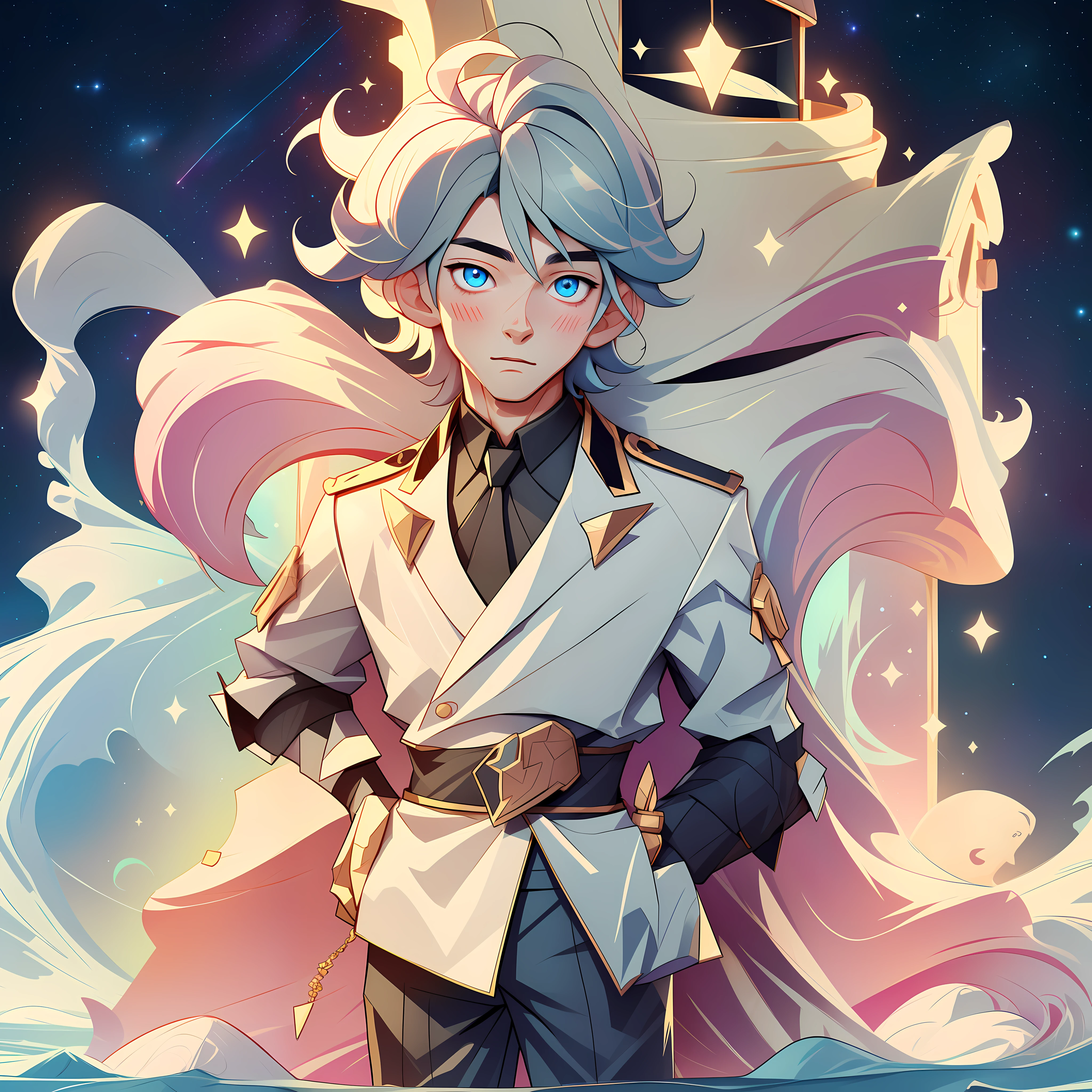 Masterpiece, 1 boy, nekomimi, hair gradient with the feeling of starry sky, the main body is self-color, there is dull hair, blushing, galaxy eyes, intrincated details, cute boy, young Man