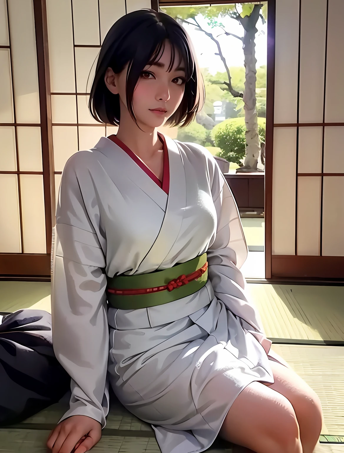 araffe woman in a kimono sitting on a mat in a room, in kimono, japanese goddess, in a kimono, wearing kimono, wearing a simple robe, realistic young gravure idol, traditional beauty, japanese model, wearing a kimono, sakimichan hdri, wearing simple robes, japanese clothes, traditional japanese, wearing royal kimono