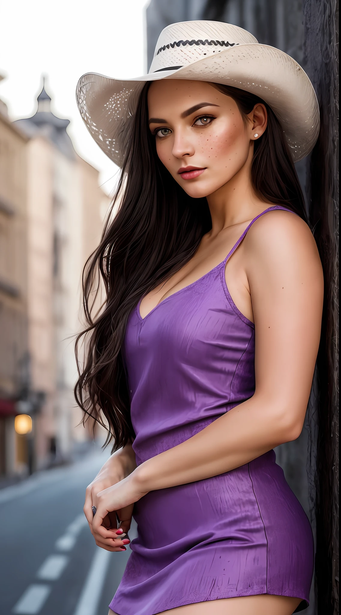 (((A full body photoshoot))), (((full length portrait))), hyper realistic, ultra detailed photograph of Nico Robin from one pice, black long hair, wearing a purple mini dress and a cowboy hat, sunlight fractal details, (Anna Steinbauer:1.25), depth of field, HOF, hall of fame, detailed gorgeous face, apocalyptic environment, natural body posture, professional photographer, captured with professional DSLR camera, trending on Artstation, 64k, ultra detailed, ultra accurate detailed, bokeh lighting, surrealism, Thomas Kinkade background, urban, ultra unreal engine, ((Pauline Voß)), ((Pascal Quidault)), ((Anna Helme)), Martina Fackova, intricate, epic, freckles, peach fuzz, detailed mascara