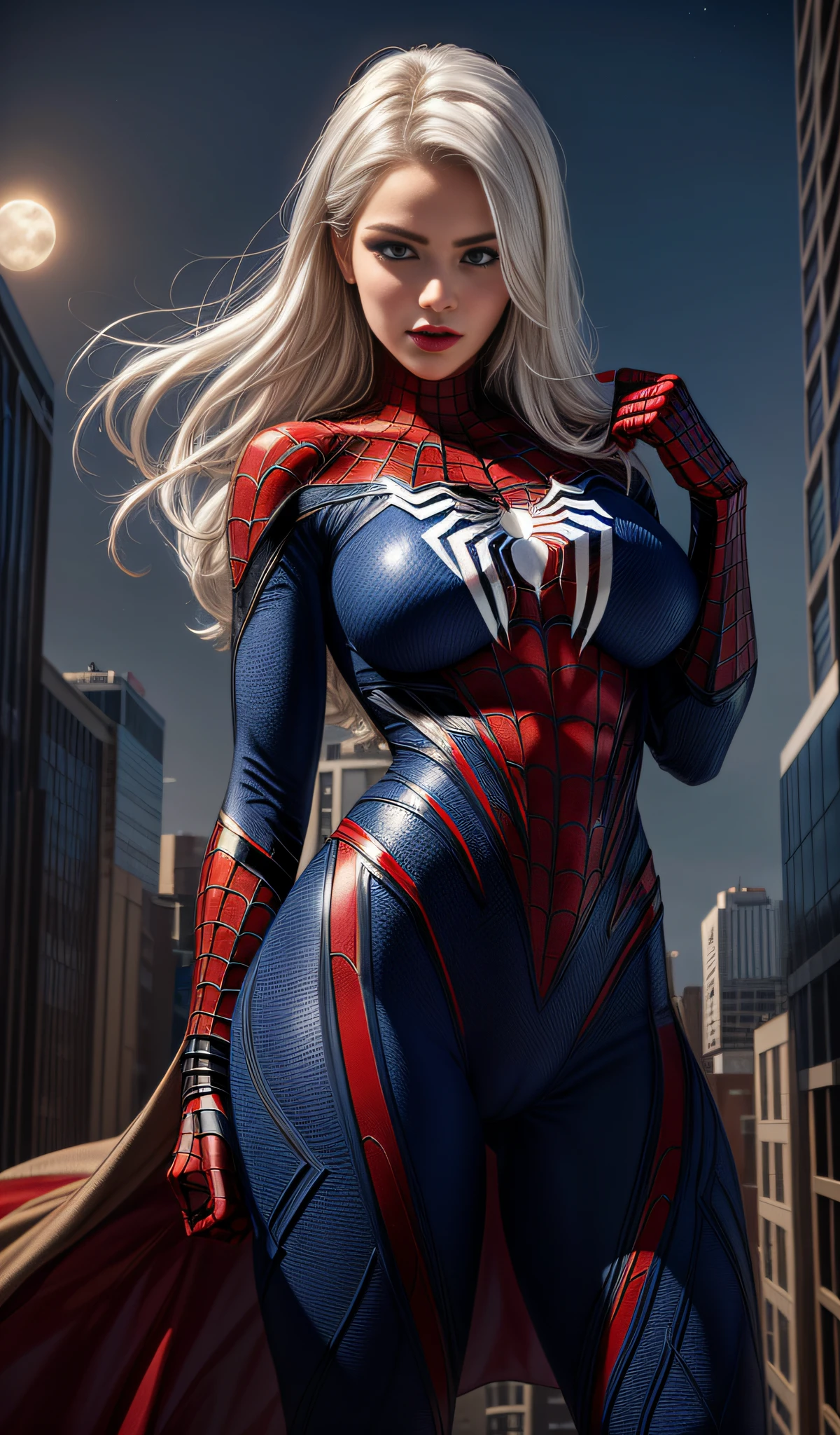 (masterpiece:1.4), (8k, photorealistic, RAW photo, best quality: 1.4), Japanese, (1 girl), beautiful face, (realistic face:1.4), (white hair, long hair:1.3), beautiful hairstyle, beautiful detailed eyes, (best eye ratio: 1.5), attractive, super high resolution, ultra realistic, highly detailed, best ratio, (detailed face: 1.4), looking at the viewer, red lipsticks, (best toes ratio: 1 ,5), (white superhero theme, charismatic, there is a girl at the top of the city, wearing Spider-Man costume in lingerie, she is a superhero), [ ((25 years old), full body, (blue eyes realistic: 1.2), ((Spider-Man pose) , power show, building-to-building jumps), ((sandy city):0.8)| (cityscape, at night, dynamic lights), (moon full))] # Explanation: The prompt mainly describes a 4K ultra high definition painting, very realistic, very detailed. It shows a superheroine on top of the city, wearing a Spider-Man costume. The theme of the painting is a white superhero theme, the female lead has long white hair, she is 25 years old, and her whole body is shown in the painting. In terms of portraying the superheroines' actions, spiders are employed, (no bra:1.4), perky_nipples, ((exposed_nipples, exposed breasts, high proportion realistic breasts, realistic large breasts):1.3), (closed mouth:1.4) , ( camel_toe_pussy:1.3), innie, Full body.