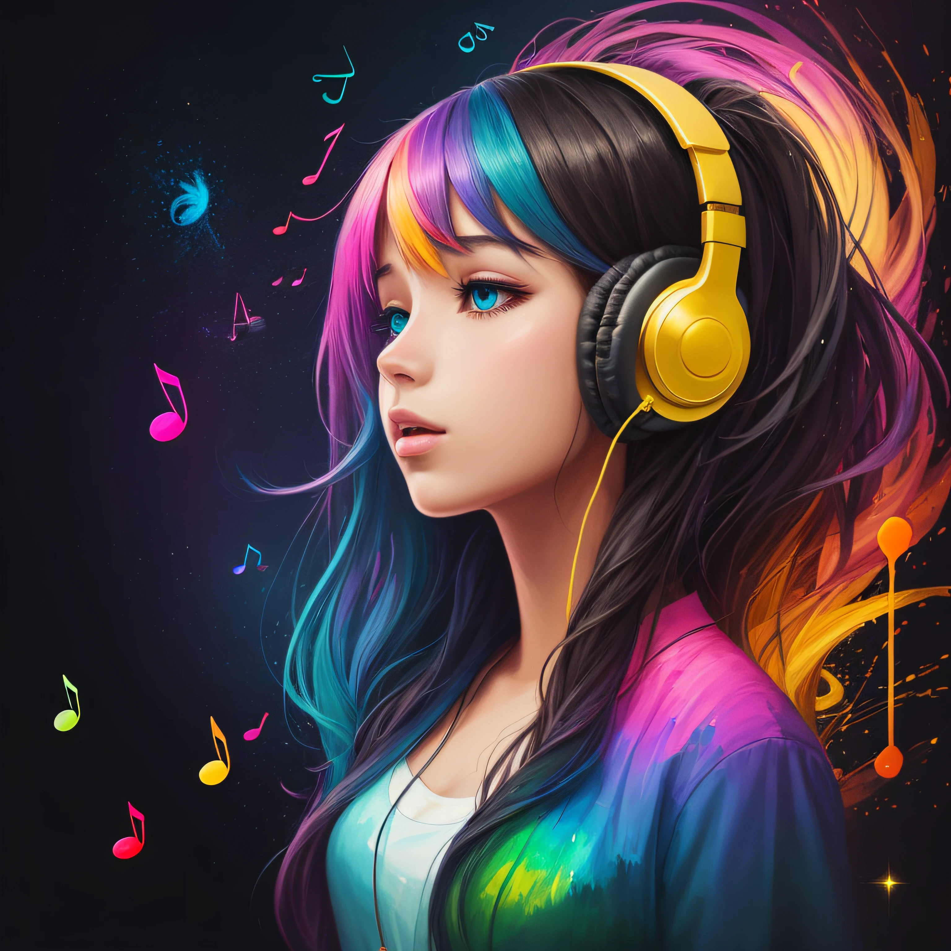 a painting of a girl with headphones and music notes, rainbowshift, Synesthesia --auto