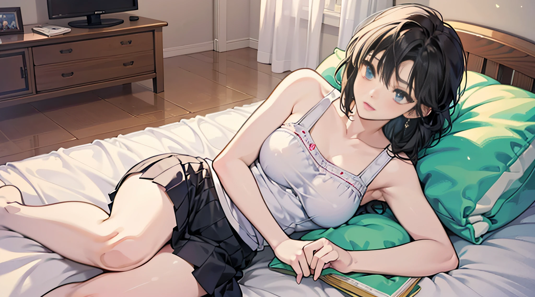Anime girl posing in short skirt and tank top on bed in room, seductive anime girls, attractive anime girls, Smooth anime CG art, An anime girl, animegirl, Casual pose, Shinkai ( apex legends ), Anime moe art style, anime visual of a cute girl, up of young anime girl, Beautiful anime girl, Cute anime girl, (animegirl) --auto