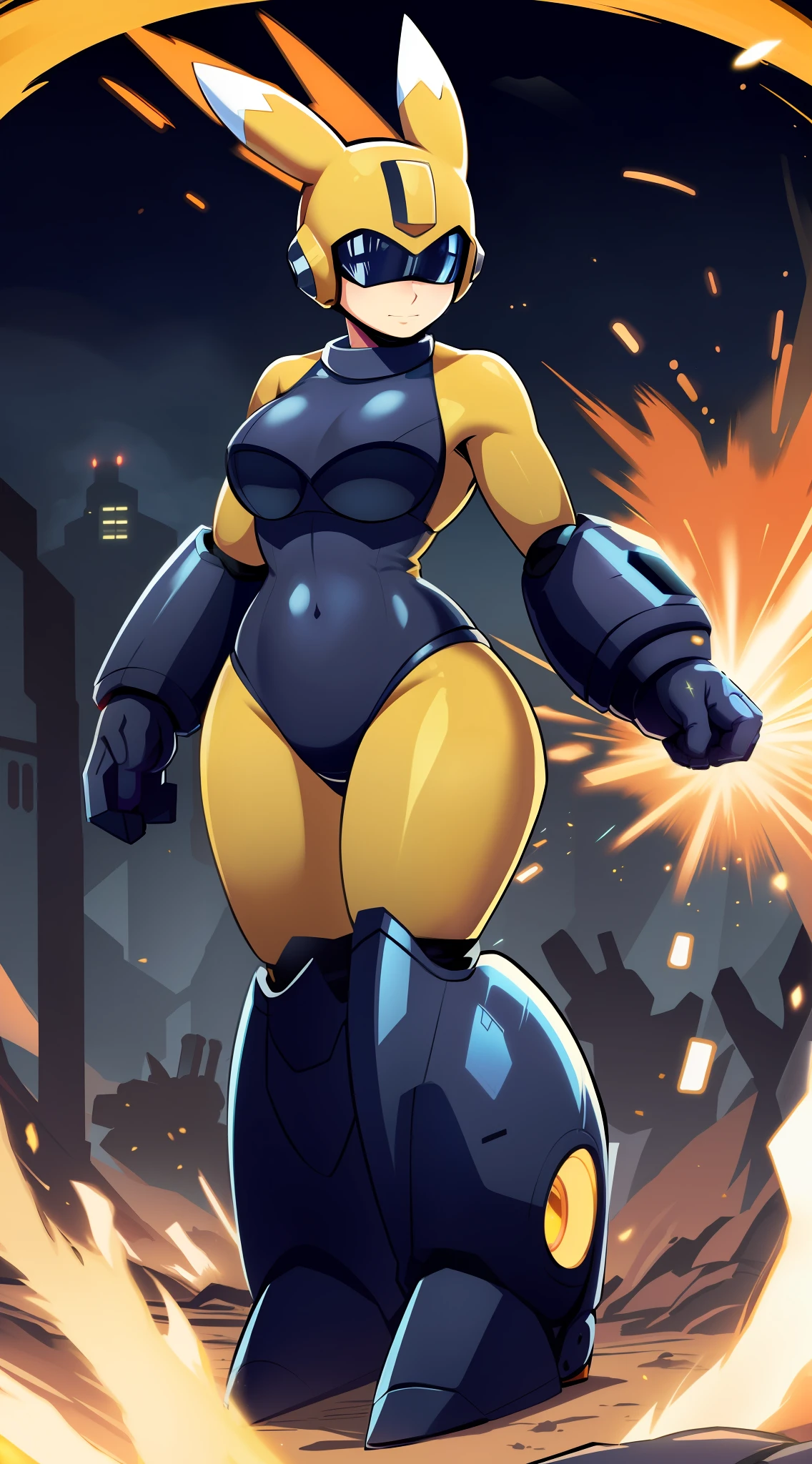 Renamon-themed knight, large shoulder-length armored gloves, human female with cybernetic visor over eyes, Heavy armored torso, mechsuit full-body encased in heavy armor