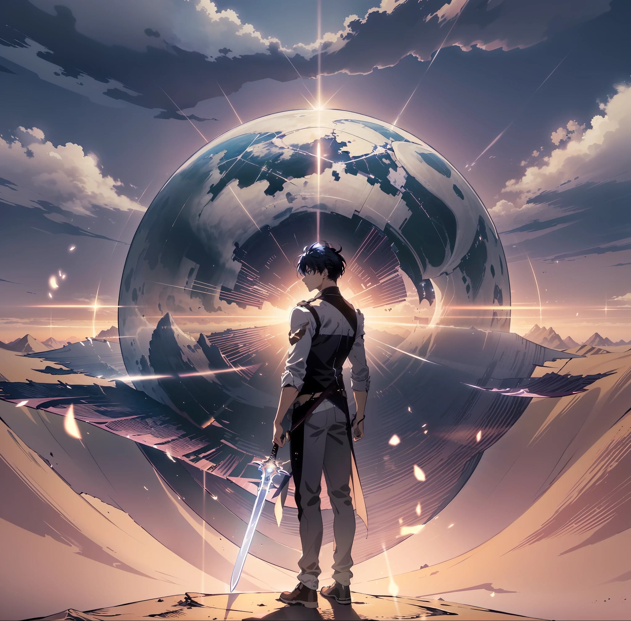 absurdres, highres, (official art, handsome and aesthetic:1.2), close view, shining sky, vast world, man, gazing, awe-inspiring expression, distant horizon, clouds, high hill, natural handsome, inspiration, light effects, standing on the top desert, anime 90s style:1.2, desert, sword