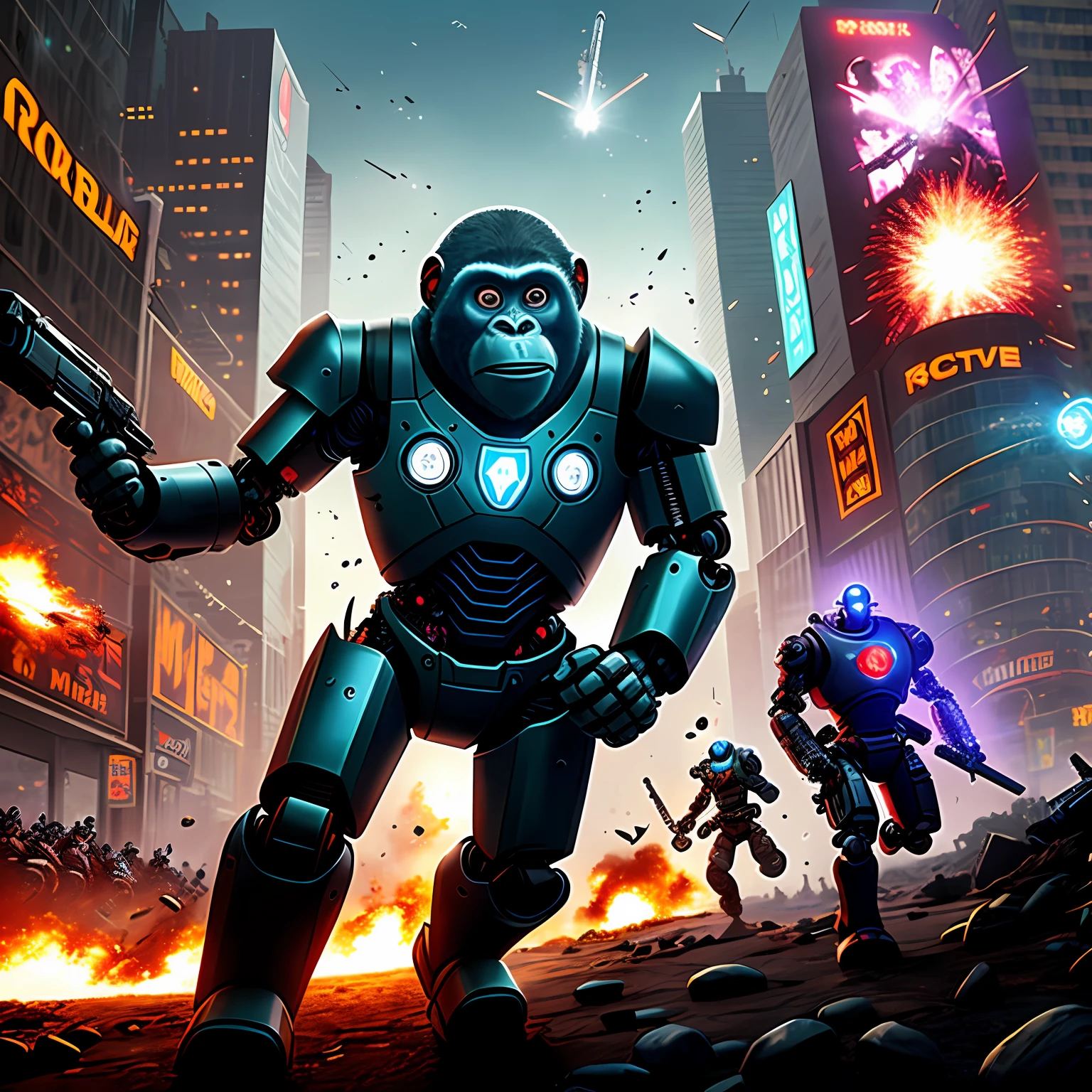 a Cyborg Gorila with light iron/steel/metal armor and cyber robots inside the armor, a revolver, a helmet, a shield and a cyberpunk city in the background, and a robot, and a vehicle, fighting against a horde of enemies , and an explosion, and a dragon, the