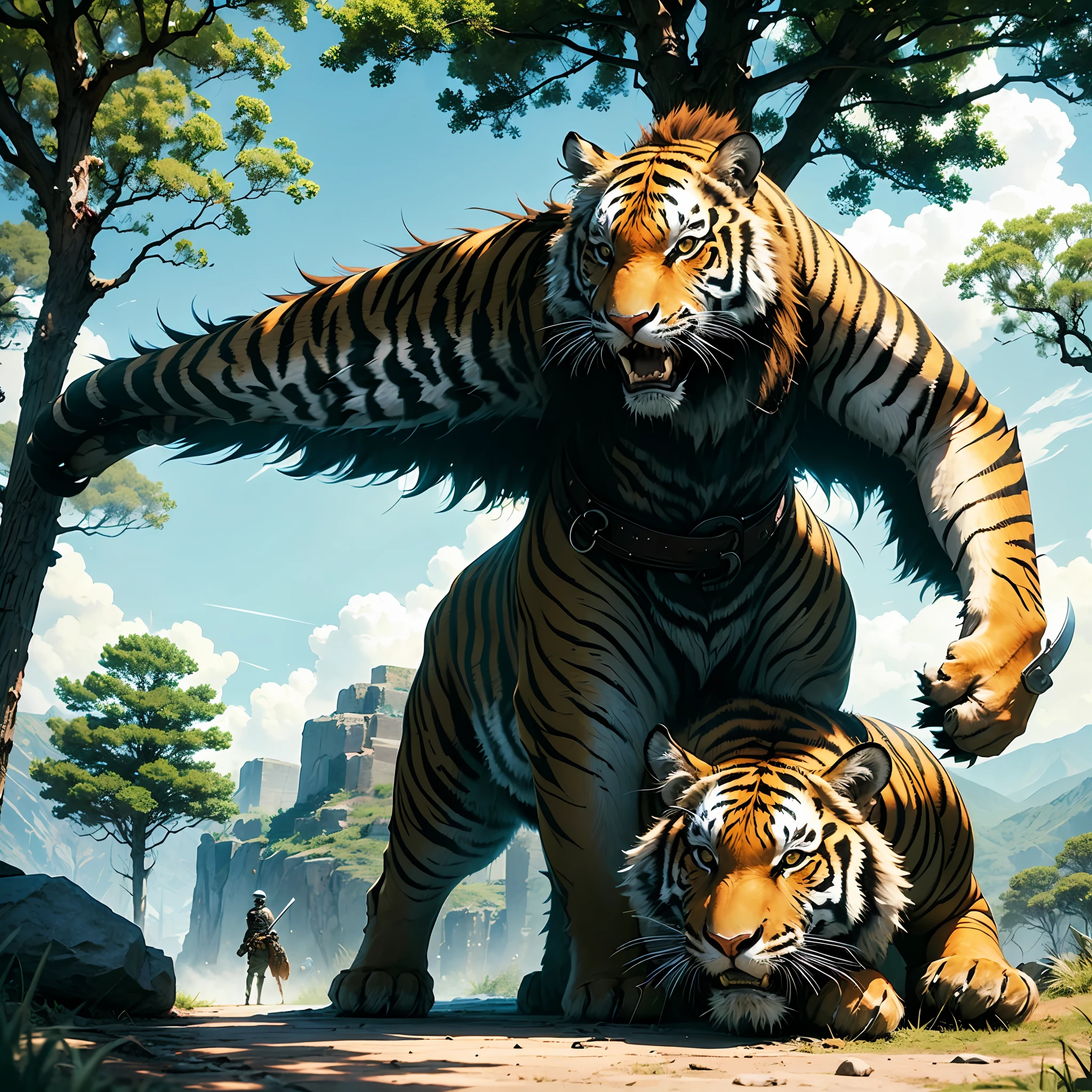 Warrior with vanadium steel sword on top of stone and with nearby trees and a saber-toothed tiger --auto