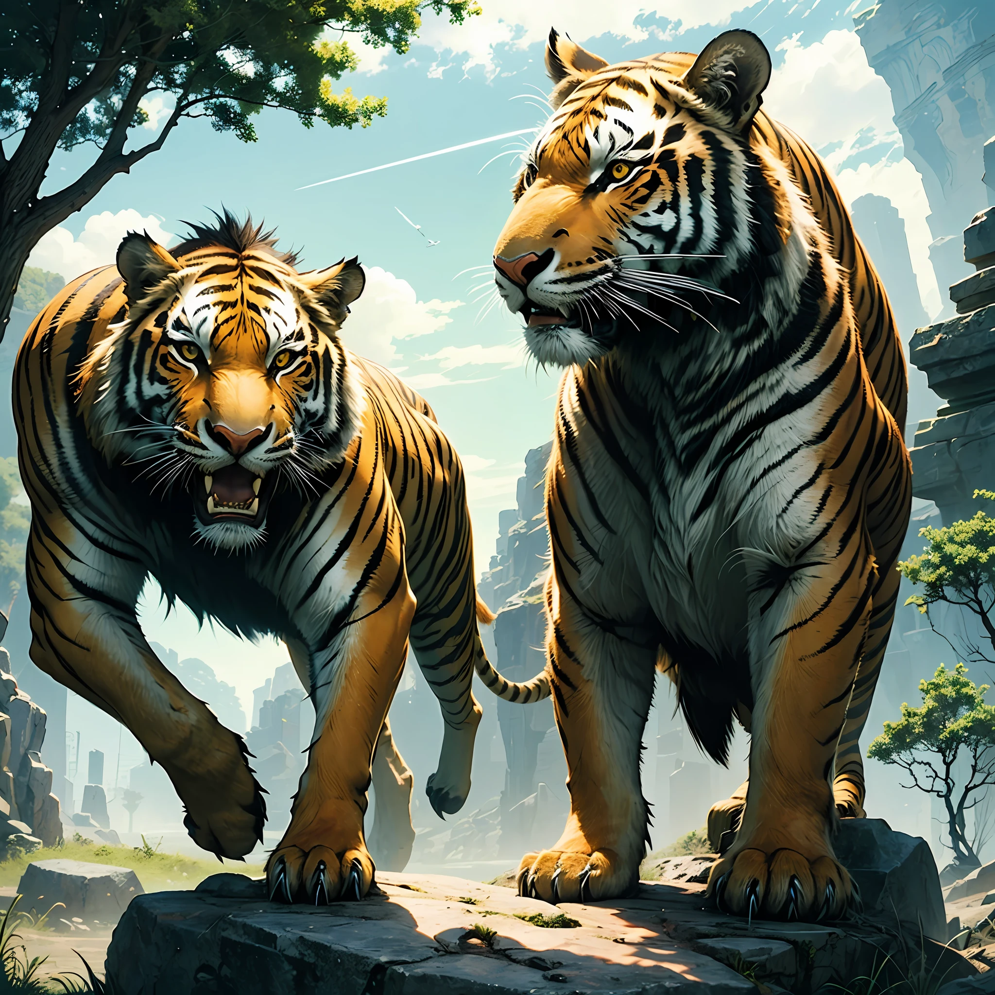 Warrior with vanadium steel sword on top of stone and with nearby trees and a saber-toothed tiger --auto