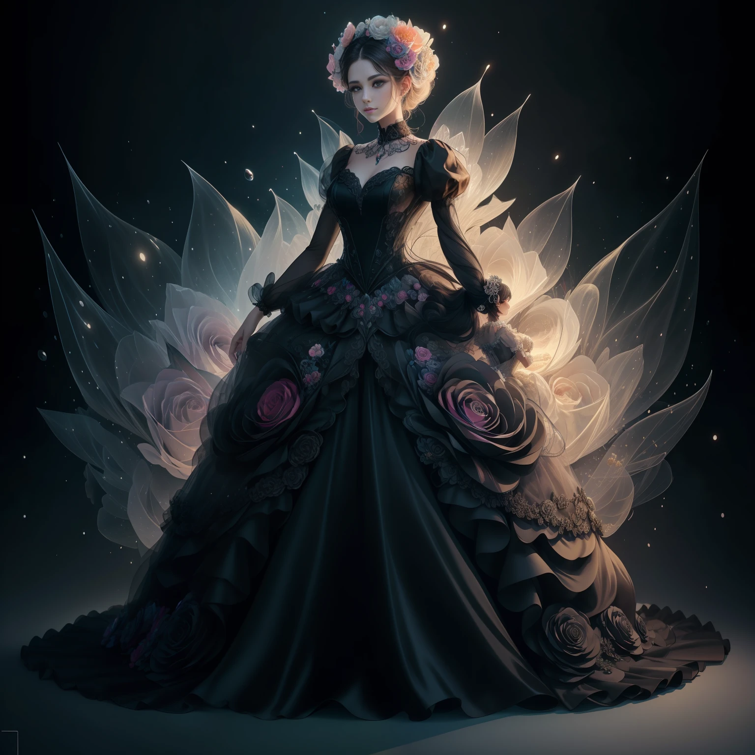a day of the dead goddess wearing a majestic black ball gown dress, big beautiful dress, intricate puffy ball gown with lots of ruffles and rhinestones (Masterpiece, Top Quality, Best Quality, Official Art, Beautiful and Aesthetic: 1.2), (1 Flower), Full Body, Extremely Detailed, (Fractal Art: 1.3), Colorful, Most Detailed