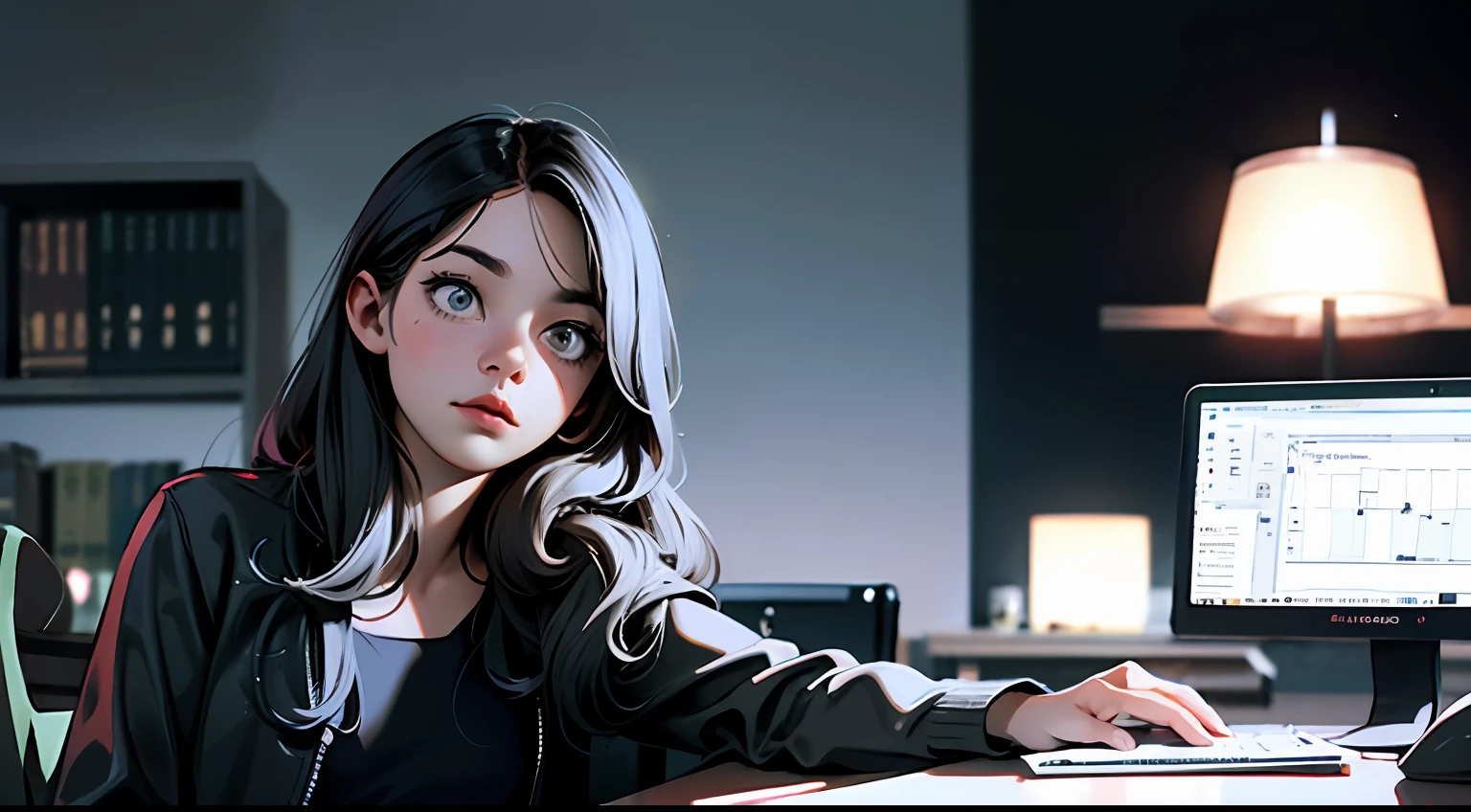 8k, aprimoramento de detalhes, high resolution, photographic, High detail, Alto contraste, perspicacity, Arte de textura, Aprimoramento de textura, abstract art, luz e sombra, monocromatica, full-body sitting at an office desk, Diana uma mulher linda da cidade, cabelos curtos com uma pinta no rosto, Negative Space Photo, Highlight for Diana in an office