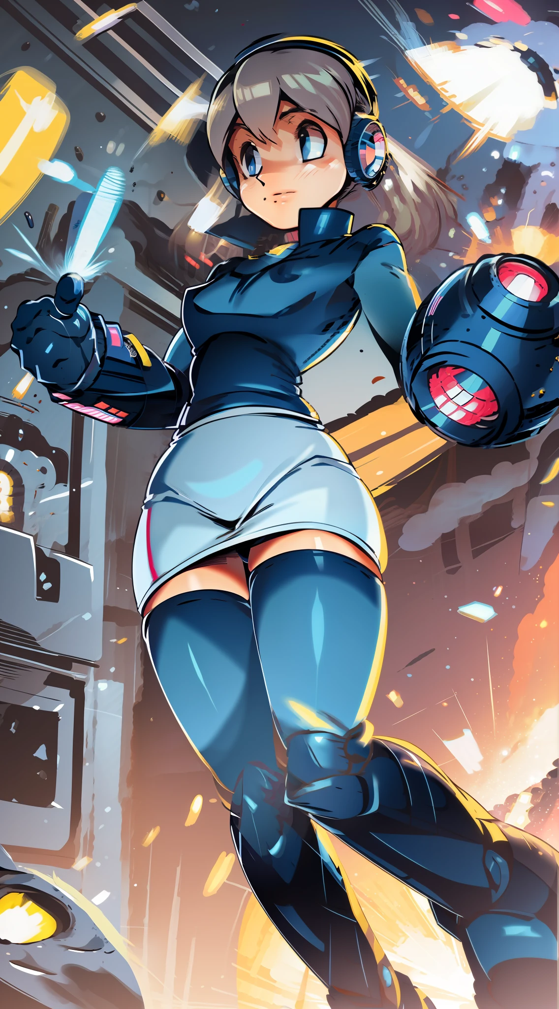 Extremely thick armor, wide and long dress, large megaman female armor, Large mechanical boots, heavy cyber armor legs, heavy cyber armor arms, armored fingerless gloves, heavy armored waist, heavy armored thighs