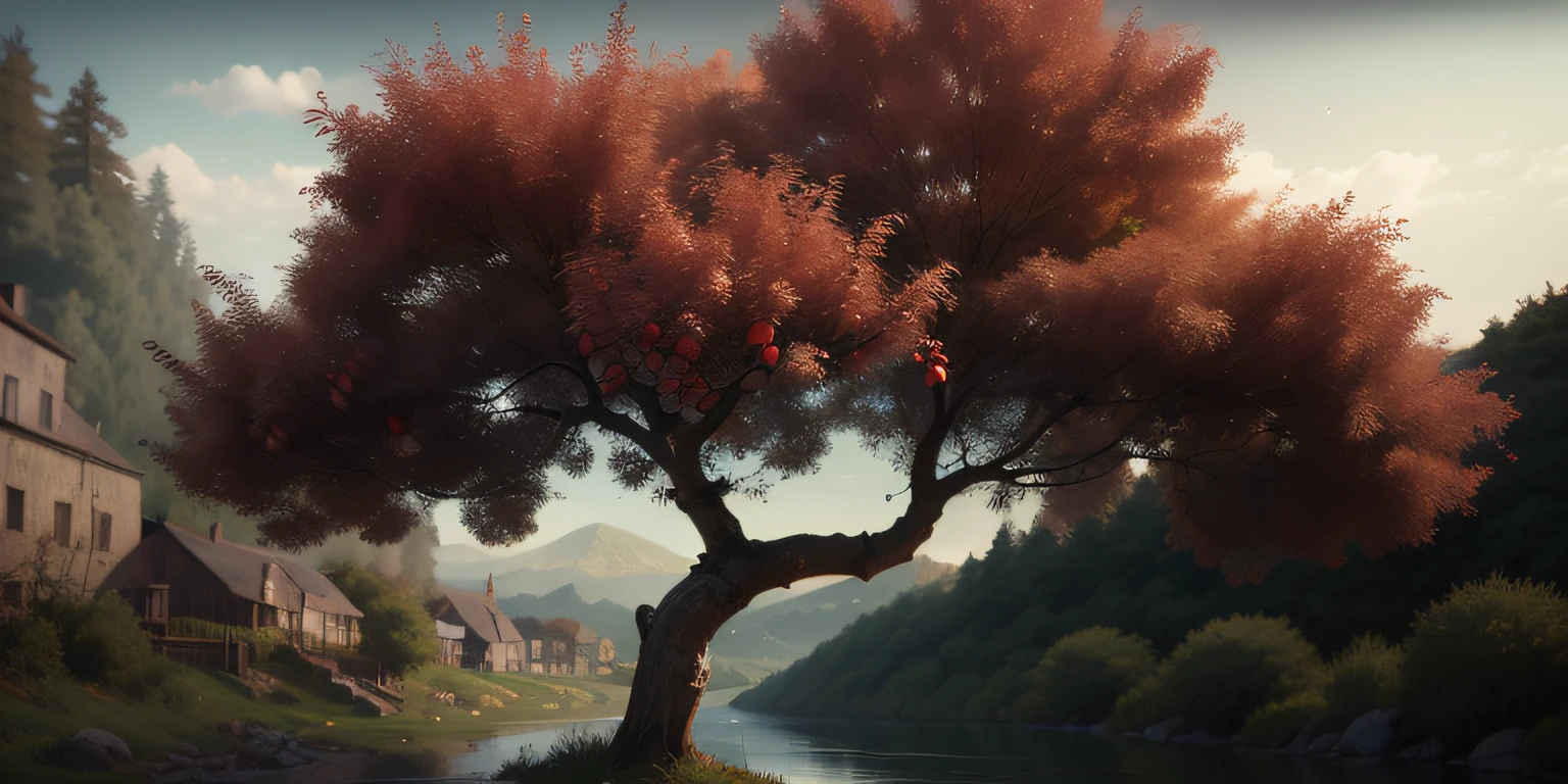 (masterpiece, best quality:1.2), ultra detailed, cinematic lighting, HDR, ilustration, an apple tree near a river --auto