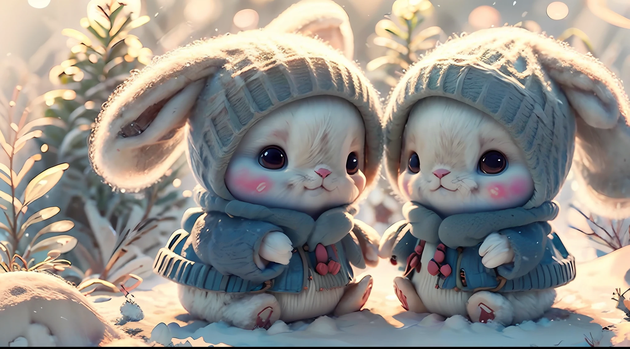 dois coelhos fofos brincando com neve, Lots of snow on the ground, pinheiros, tree's, neve caindo